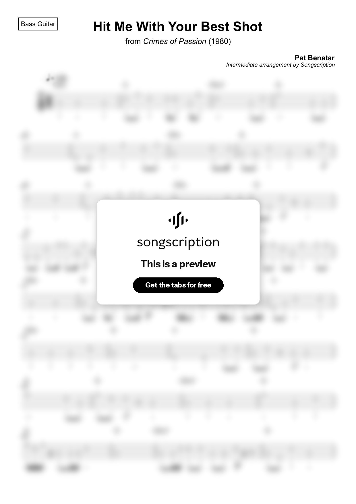 Intermediate Bass Guitar Tabs for "Hit Me With Your Best Shot" by Pat Benatar