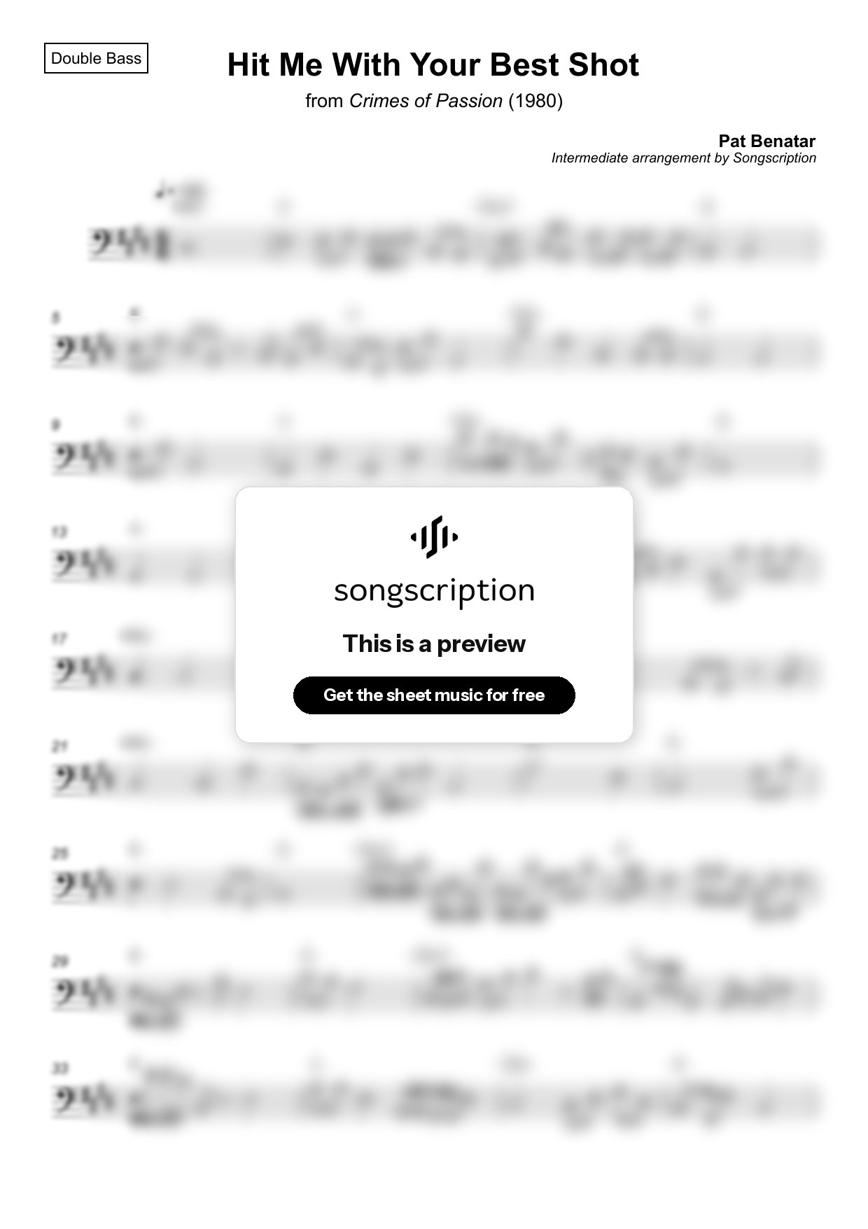 Intermediate Double Bass Sheet Music for "Hit Me With Your Best Shot" by Pat Benatar