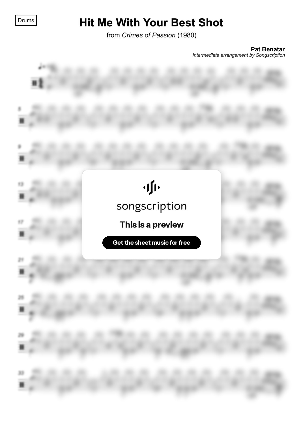 Intermediate Drums Sheet Music for "Hit Me With Your Best Shot" by Pat Benatar