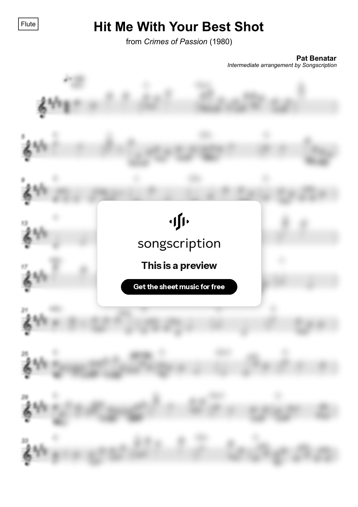 Intermediate Flute Sheet Music for "Hit Me With Your Best Shot" by Pat Benatar