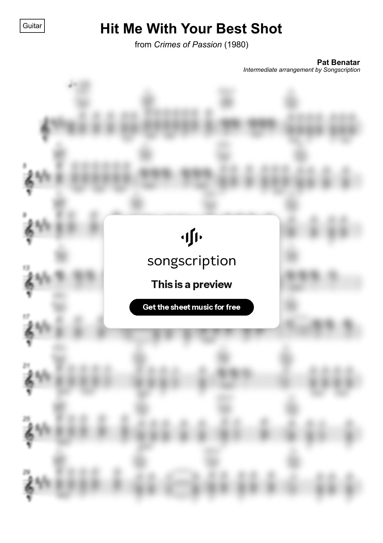 Intermediate Acoustic Guitar Sheet Music for "Hit Me With Your Best Shot" by Pat Benatar