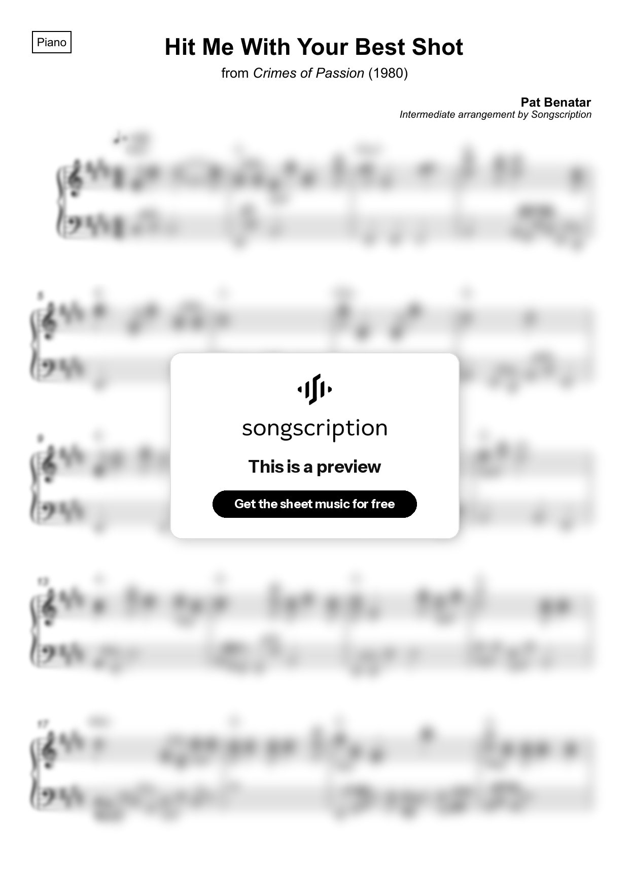 Intermediate Piano Sheet Music for "Hit Me With Your Best Shot" by Pat Benatar