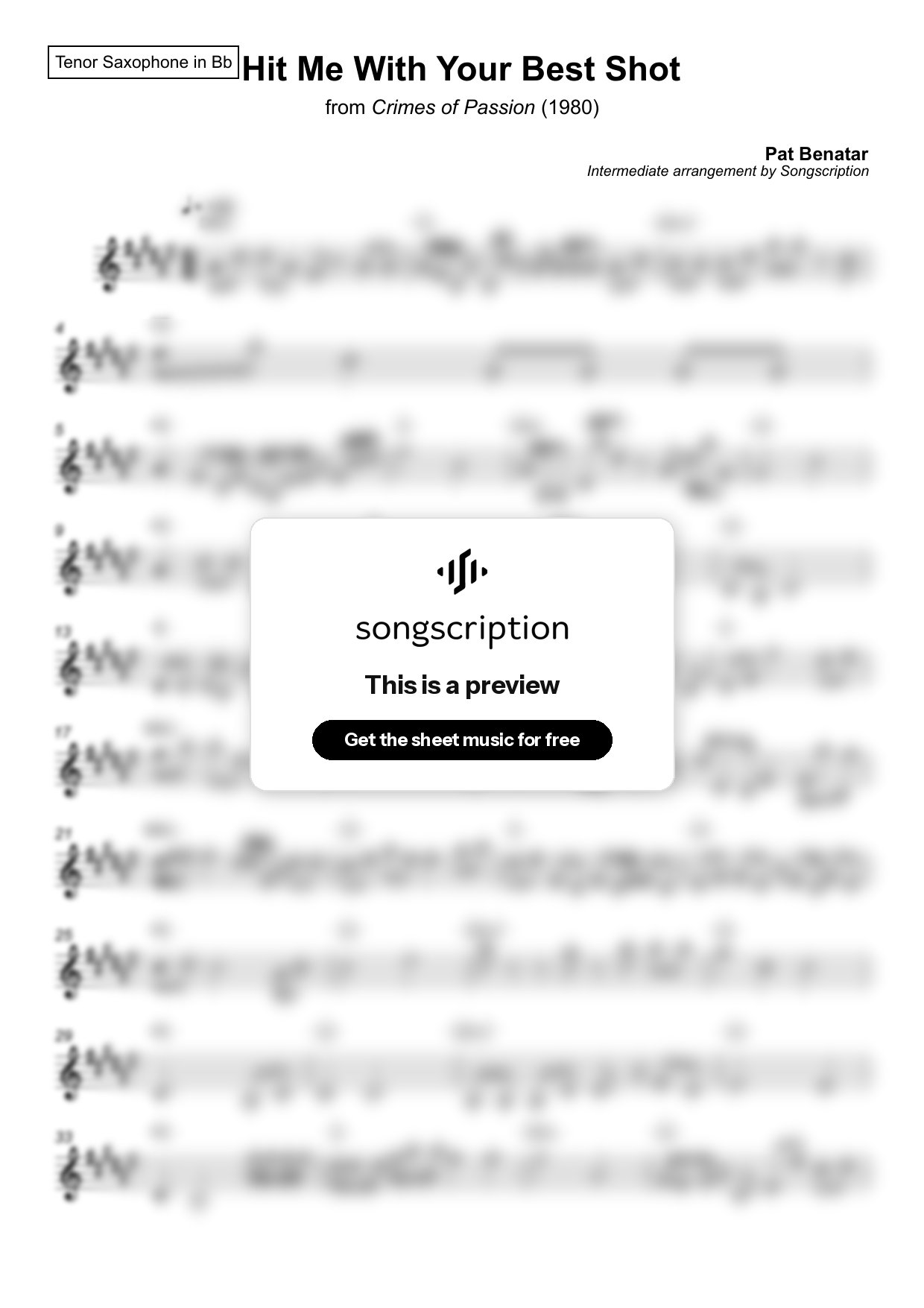 Intermediate Tenor Sax Sheet Music for "Hit Me With Your Best Shot" by Pat Benatar