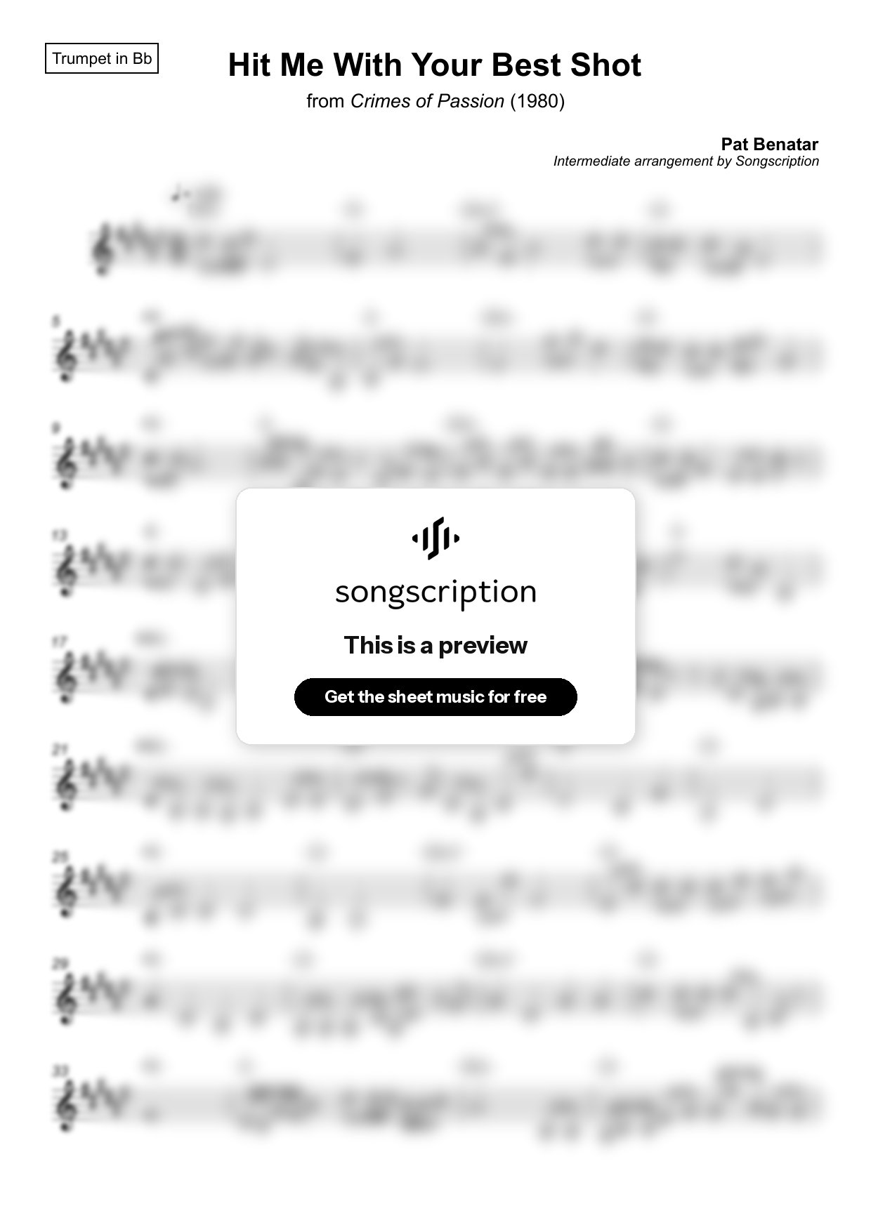 Intermediate Trumpet Sheet Music for "Hit Me With Your Best Shot" by Pat Benatar