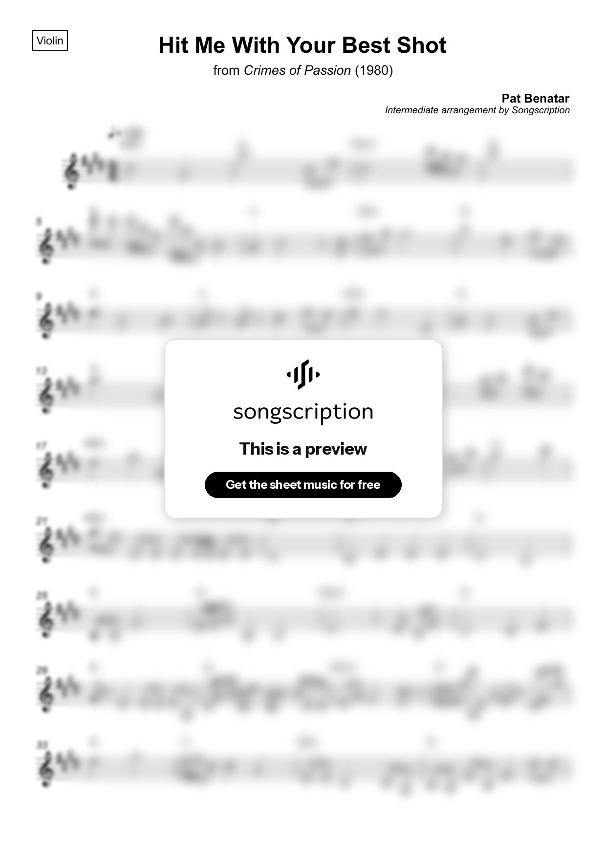 Intermediate Violin Sheet Music for "Hit Me With Your Best Shot" by Pat Benatar