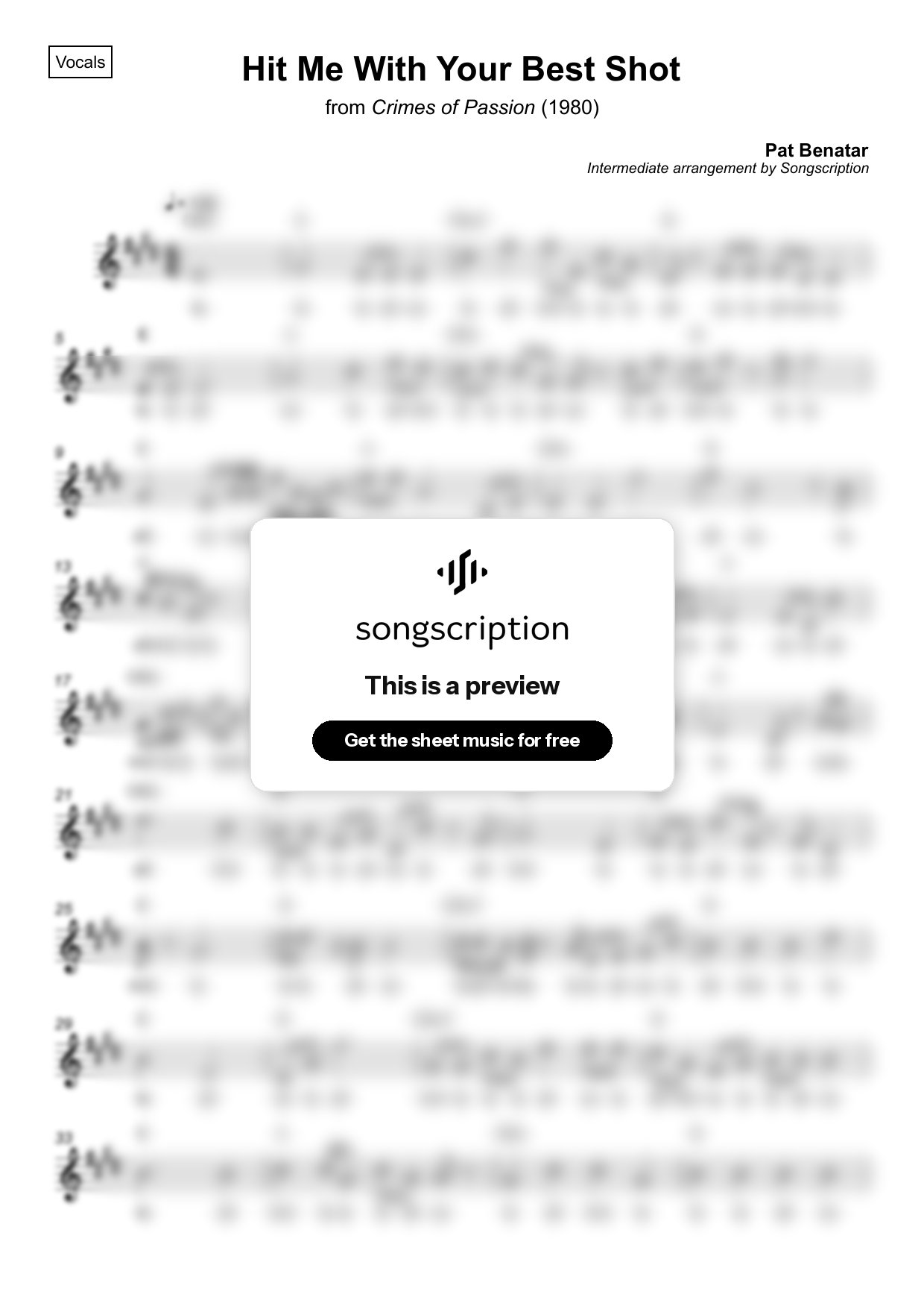 Intermediate Vocals Sheet Music for "Hit Me With Your Best Shot" by Pat Benatar