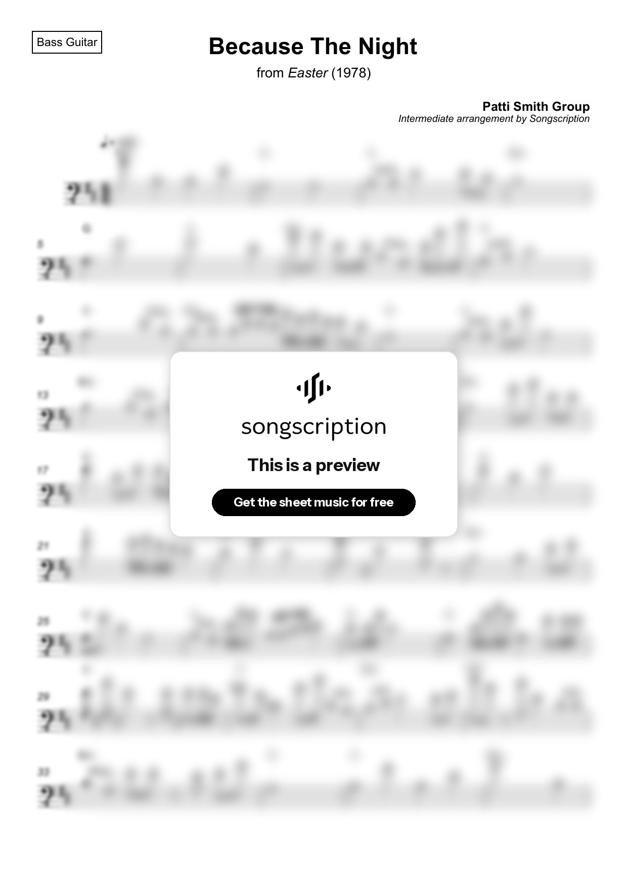 Intermediate Bass Guitar Sheet Music for "Because The Night" by Patti Smith Group