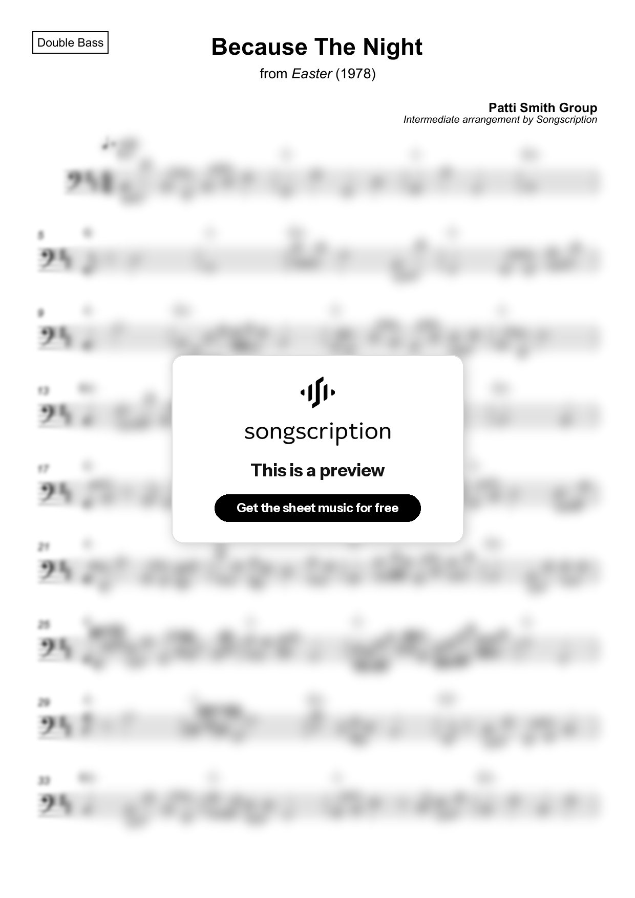 Intermediate Double Bass Sheet Music for "Because The Night" by Patti Smith Group