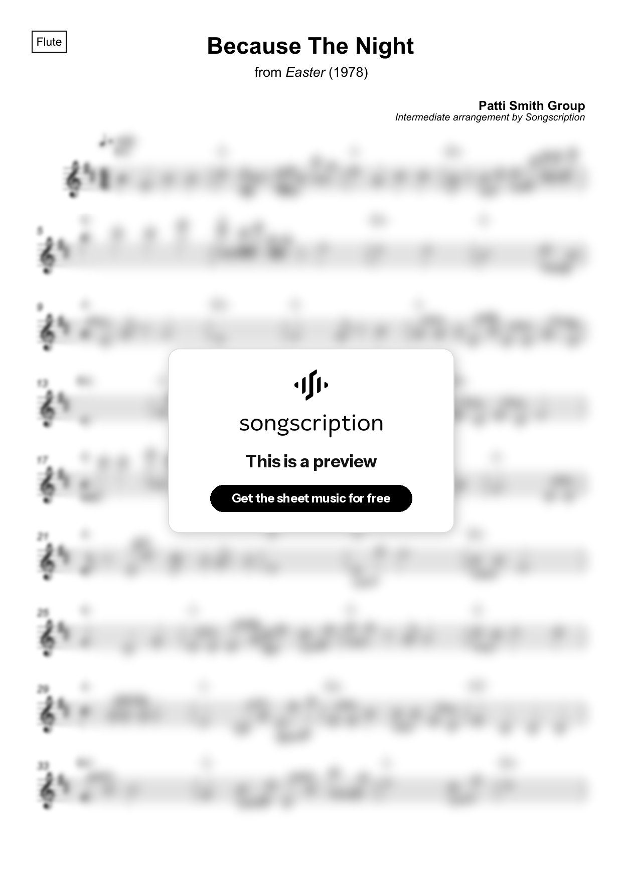 Intermediate Flute Sheet Music for "Because The Night" by Patti Smith Group