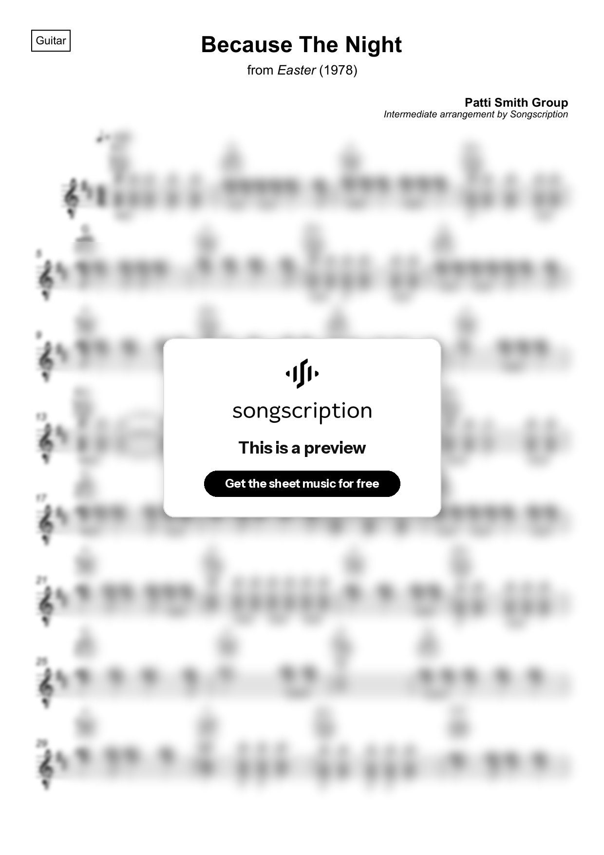 Intermediate Acoustic Guitar Sheet Music for "Because The Night" by Patti Smith Group