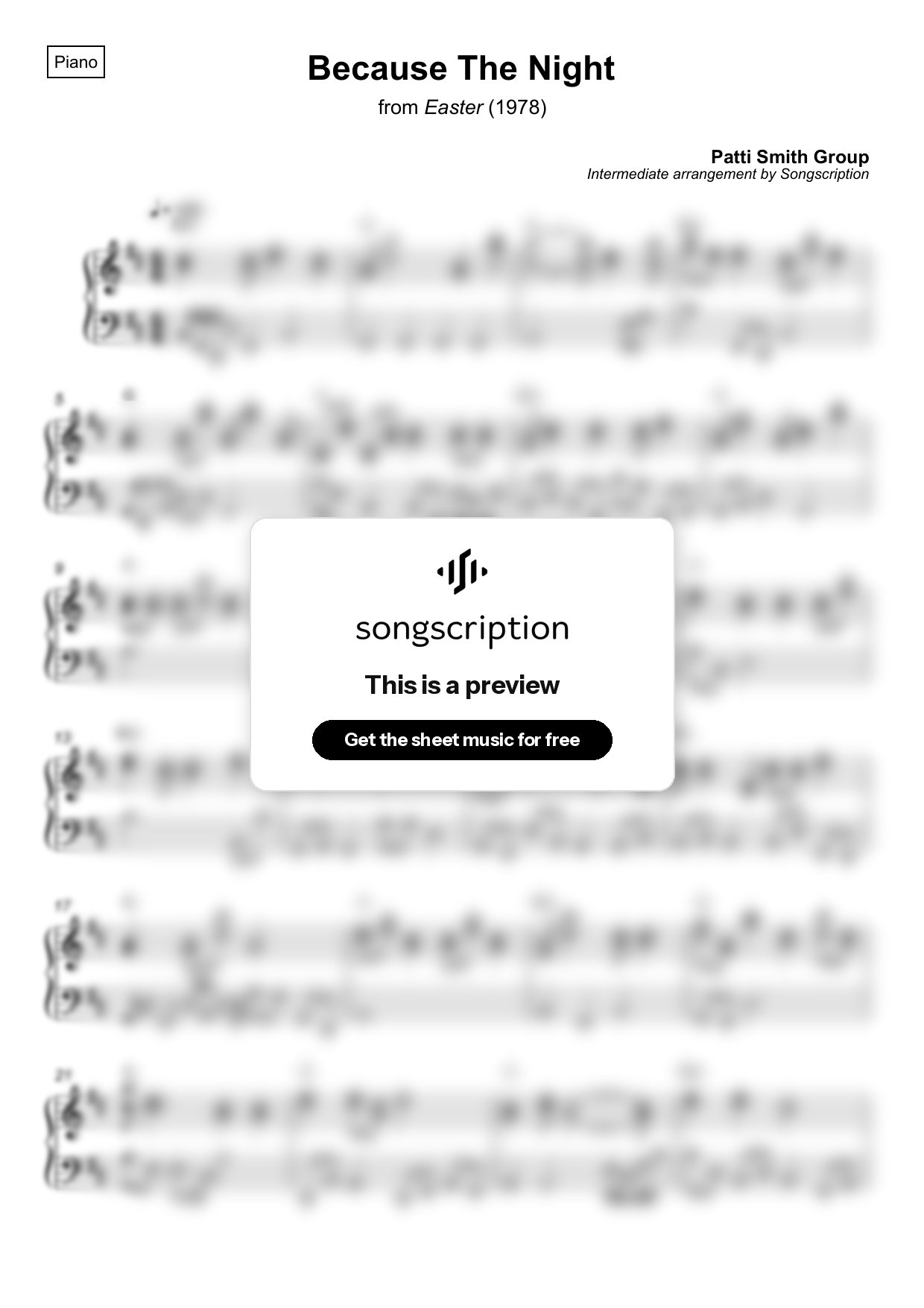 Intermediate Piano Sheet Music for "Because The Night" by Patti Smith Group