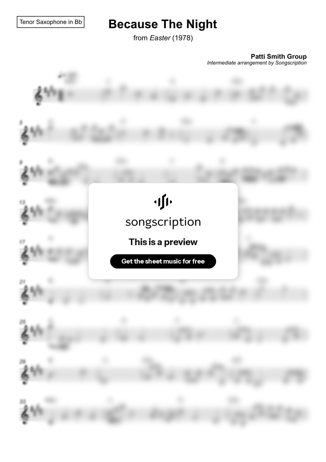 Intermediate Tenor Sax Sheet Music for "Because The Night" by Patti Smith Group