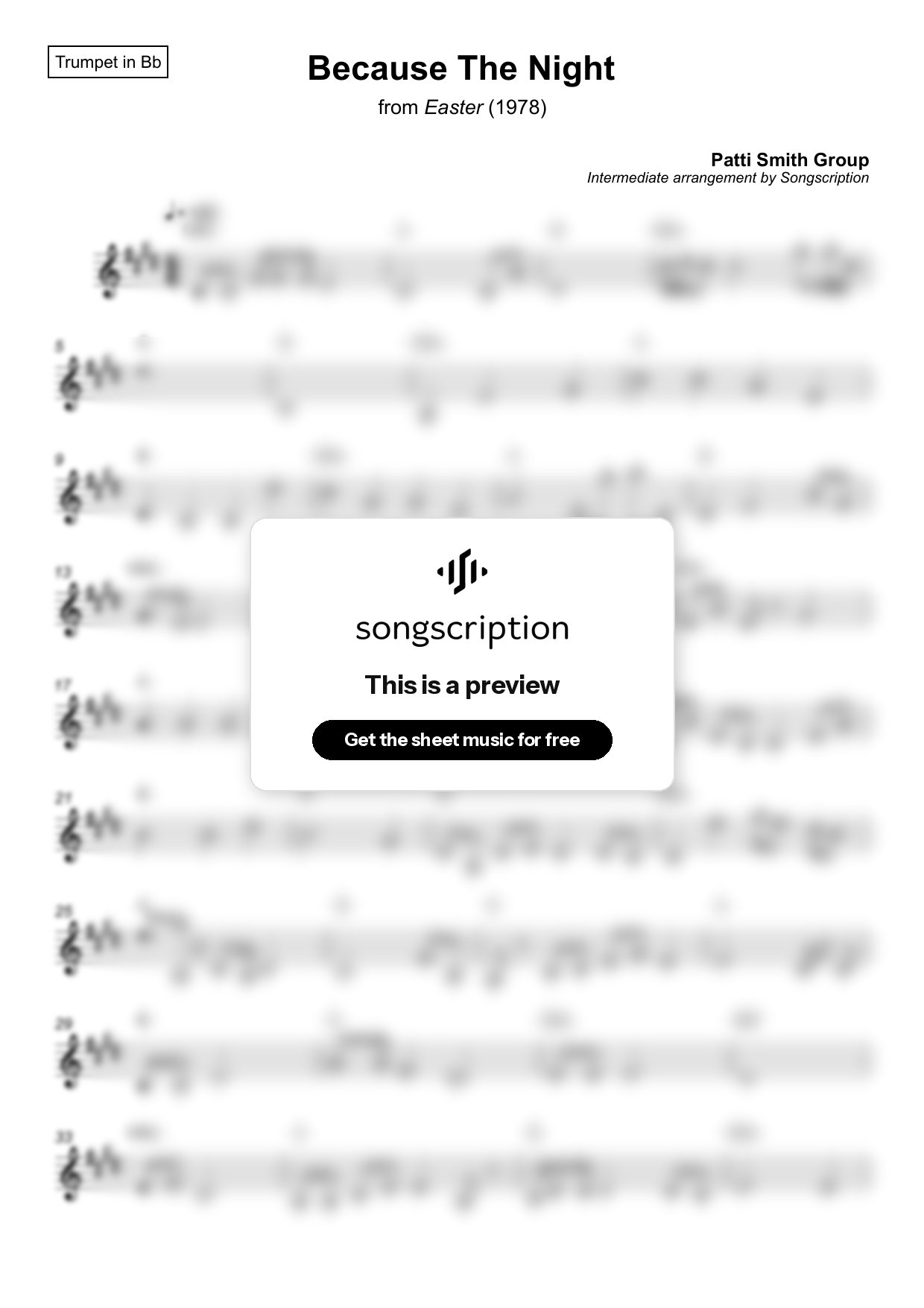 Intermediate Trumpet Sheet Music for "Because The Night" by Patti Smith Group