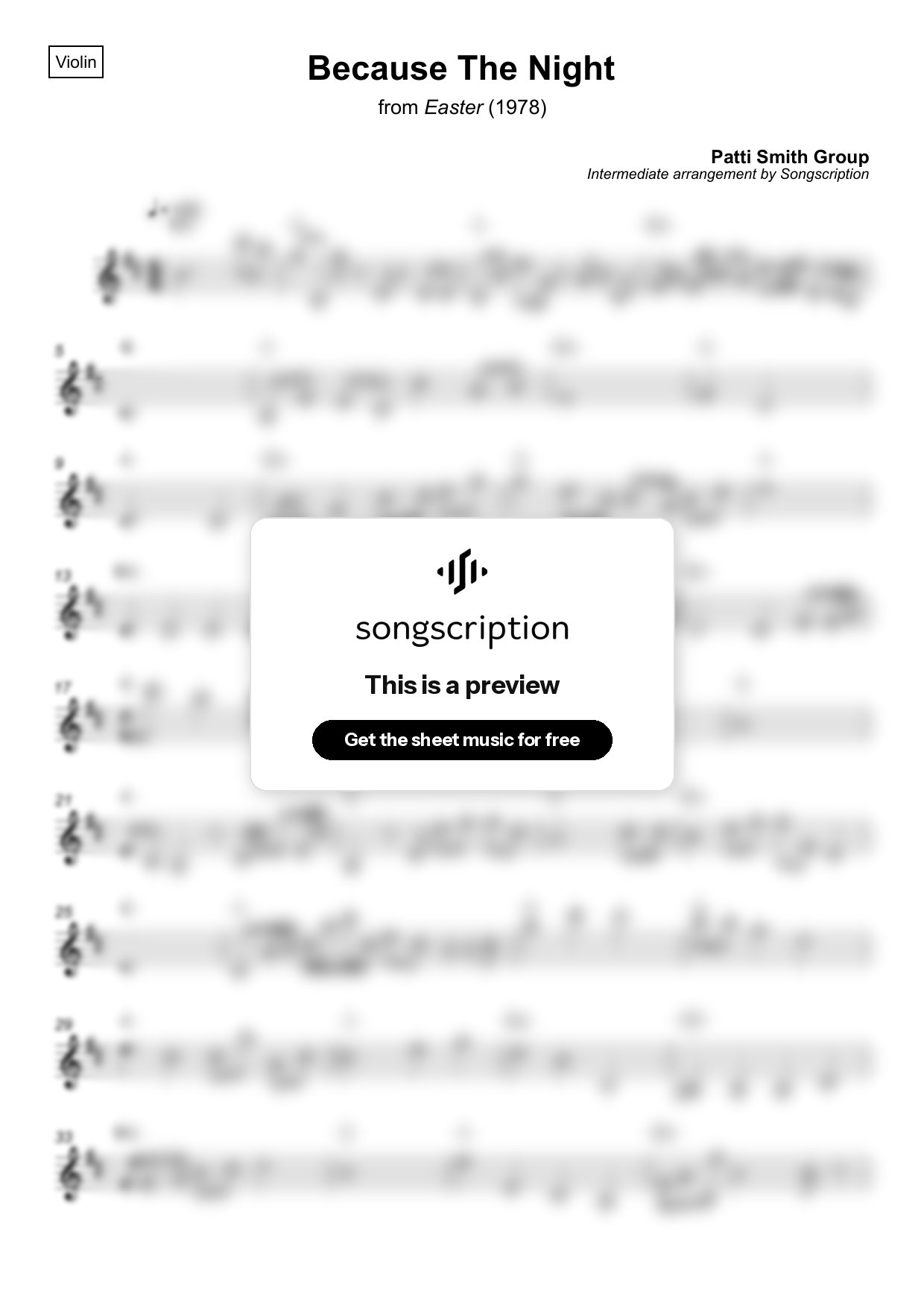 Intermediate Violin Sheet Music for "Because The Night" by Patti Smith Group