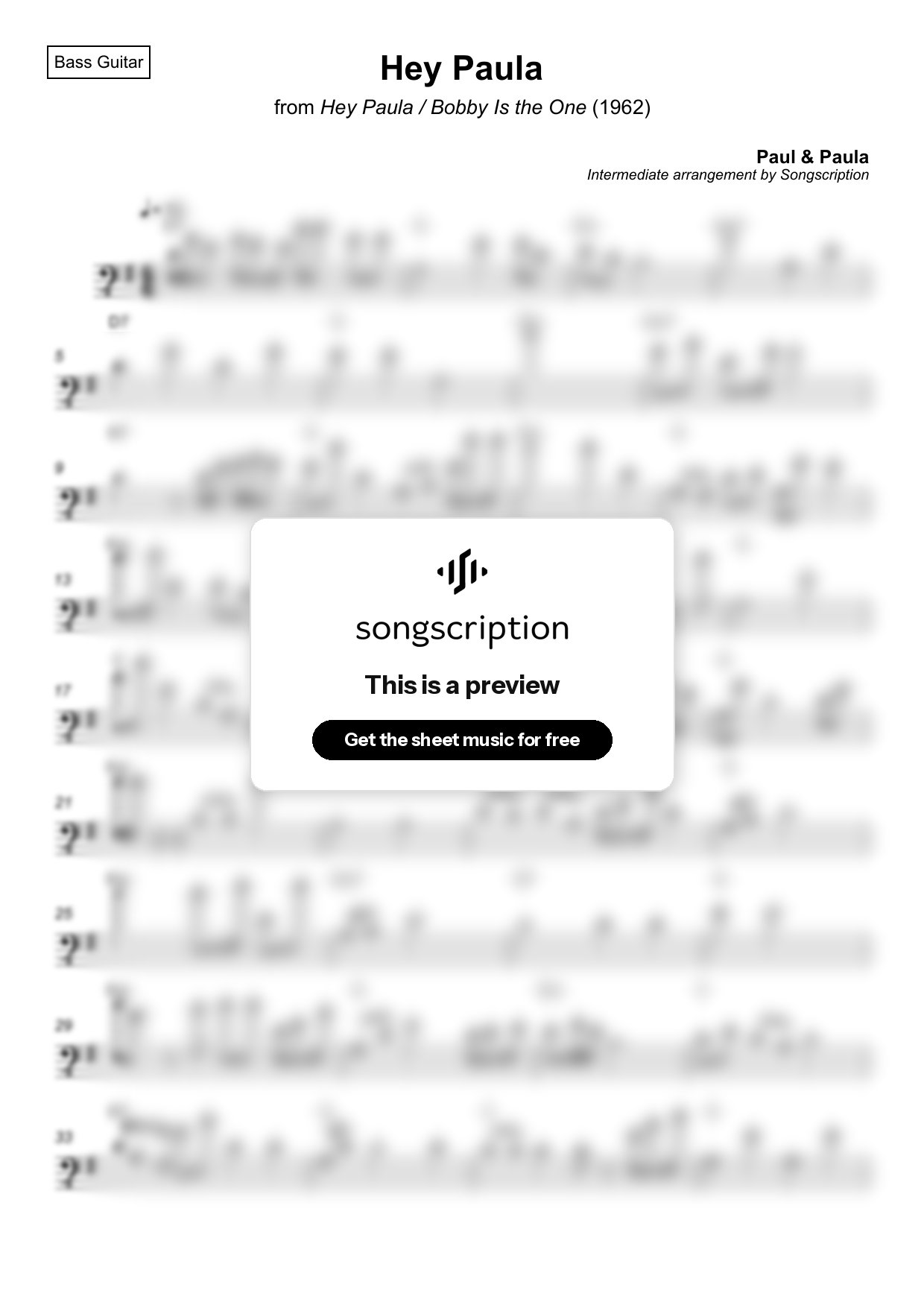 Intermediate Bass Guitar Sheet Music for "Hey Paula" by Paul & Paula