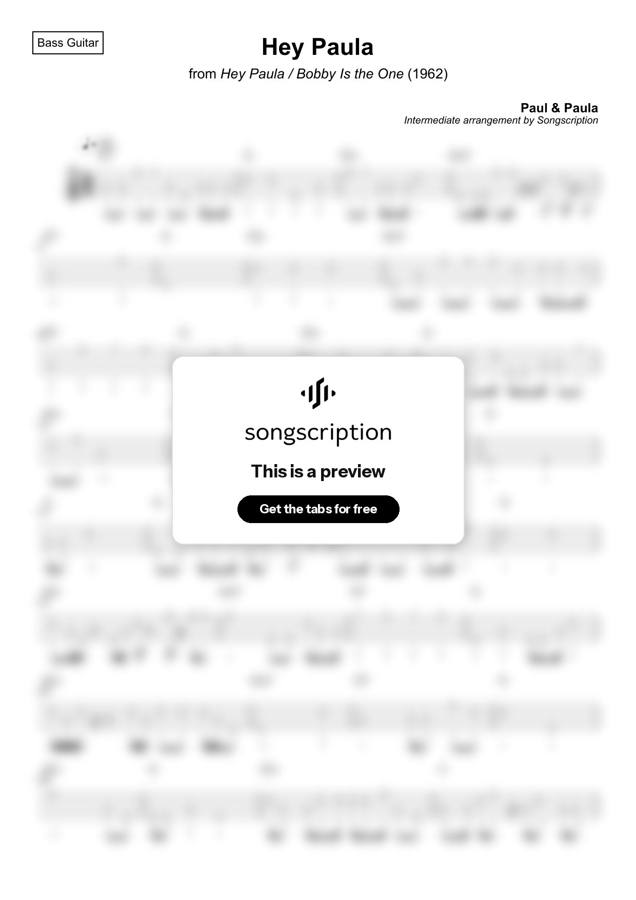 Intermediate Bass Guitar Tabs for "Hey Paula" by Paul & Paula