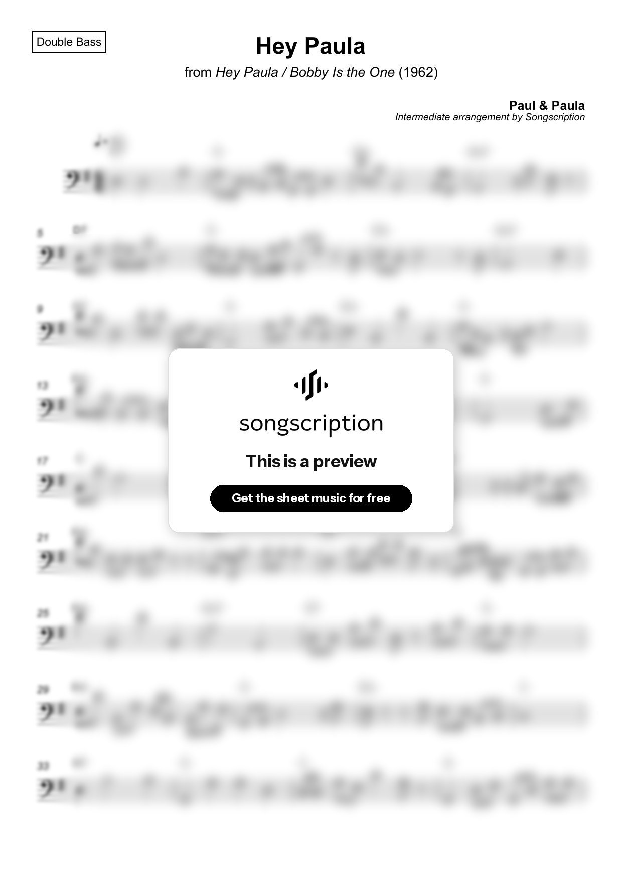 Intermediate Double Bass Sheet Music for "Hey Paula" by Paul & Paula