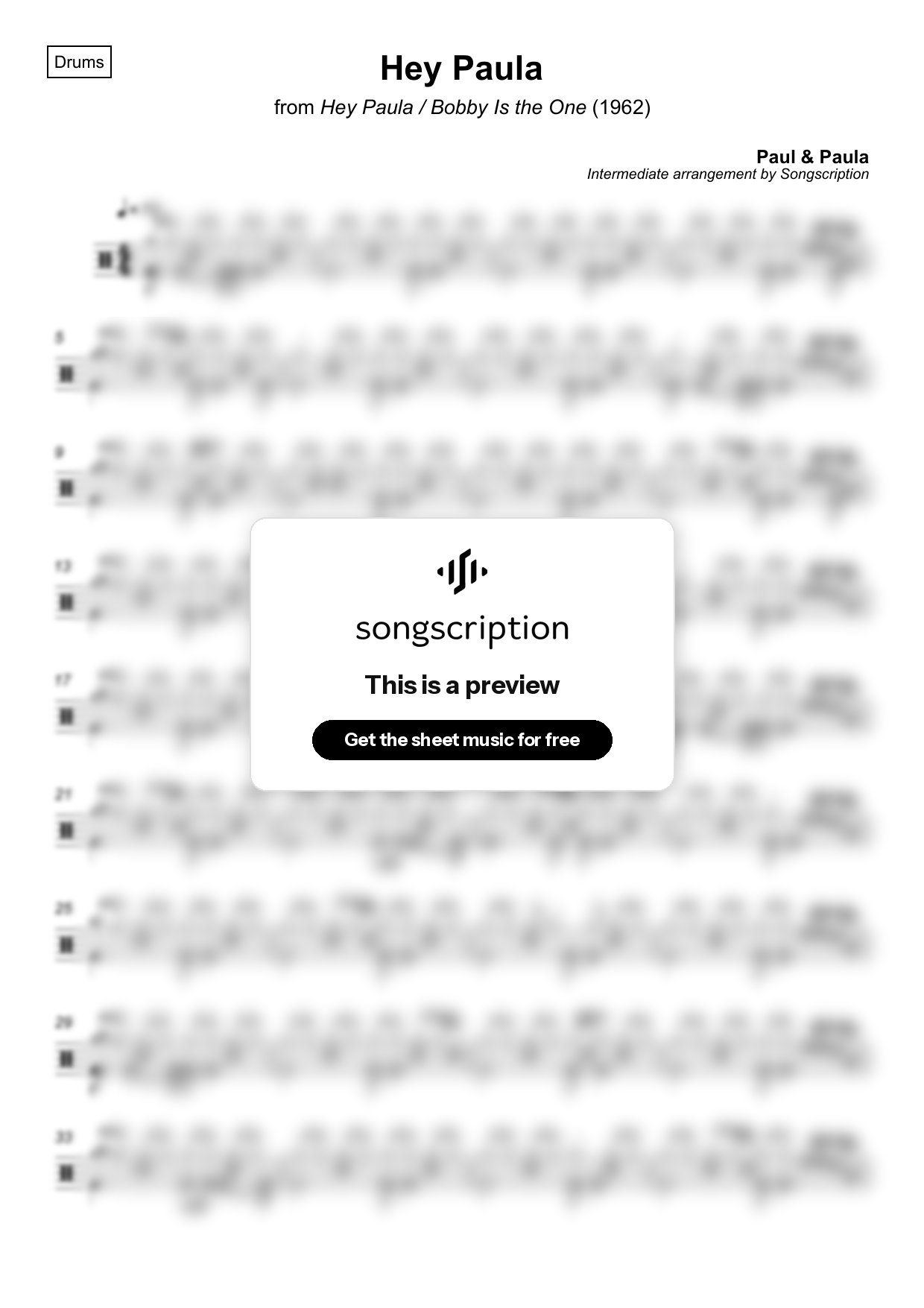 Intermediate Drums Sheet Music for "Hey Paula" by Paul & Paula