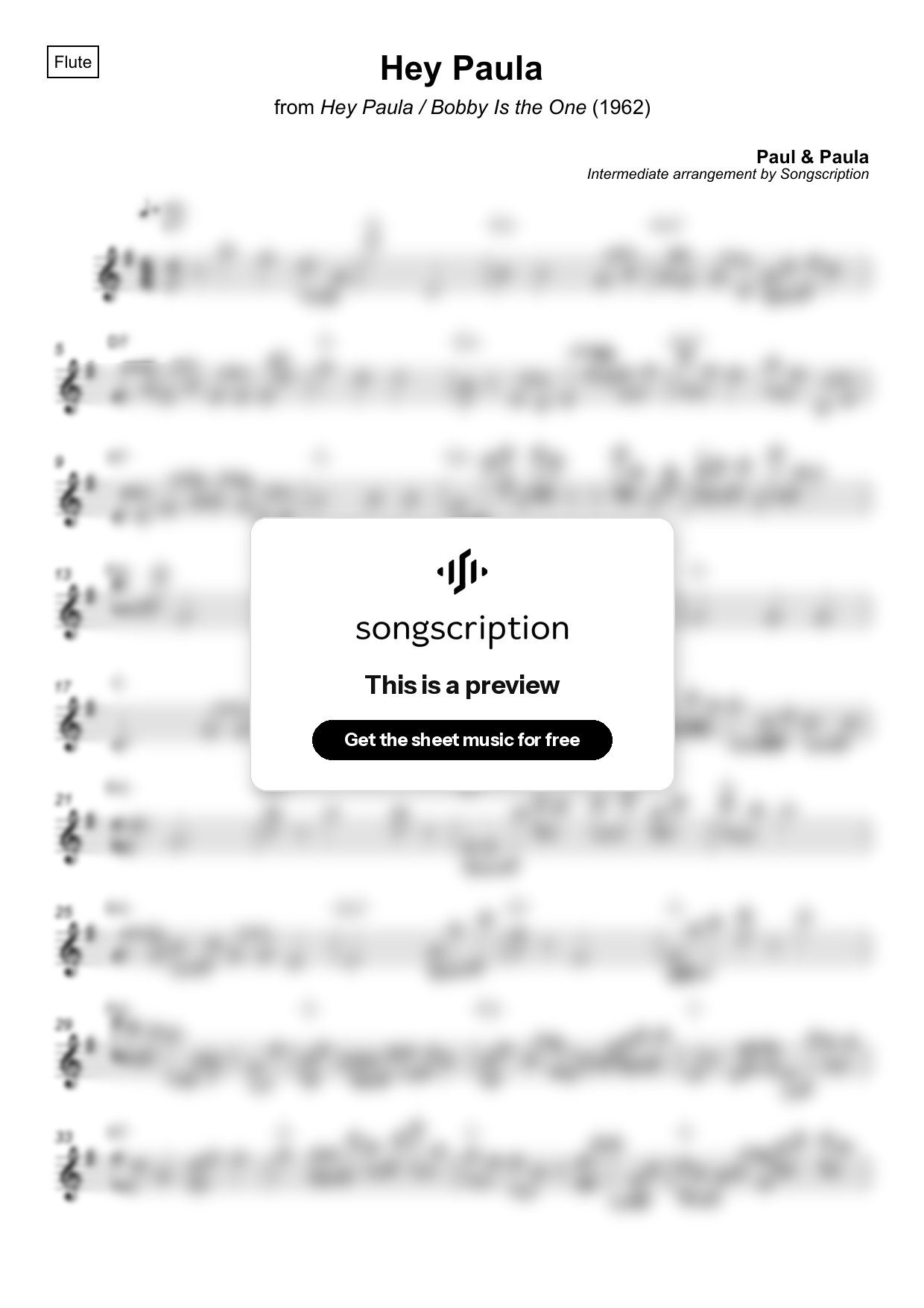 Intermediate Flute Sheet Music for "Hey Paula" by Paul & Paula