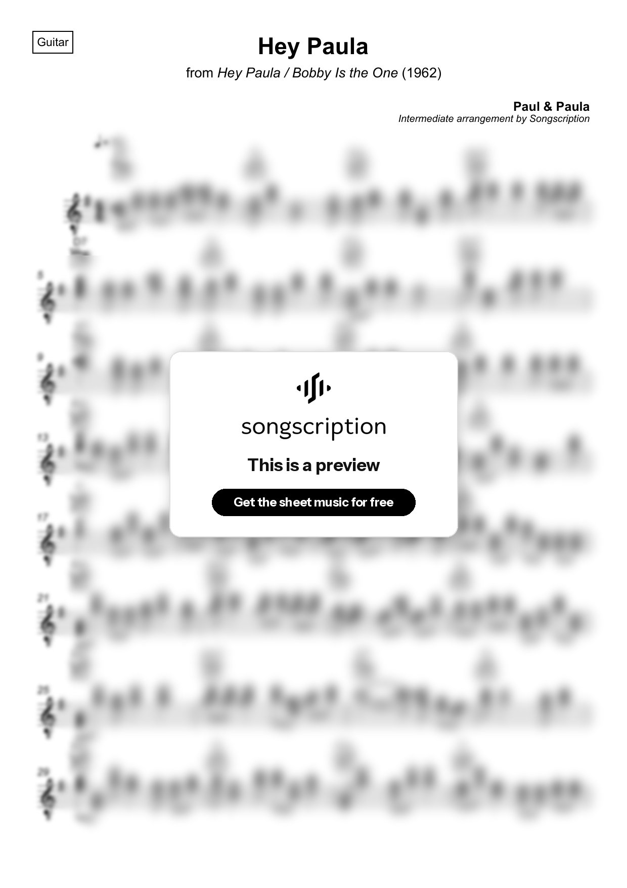 Intermediate Acoustic Guitar Sheet Music for "Hey Paula" by Paul & Paula