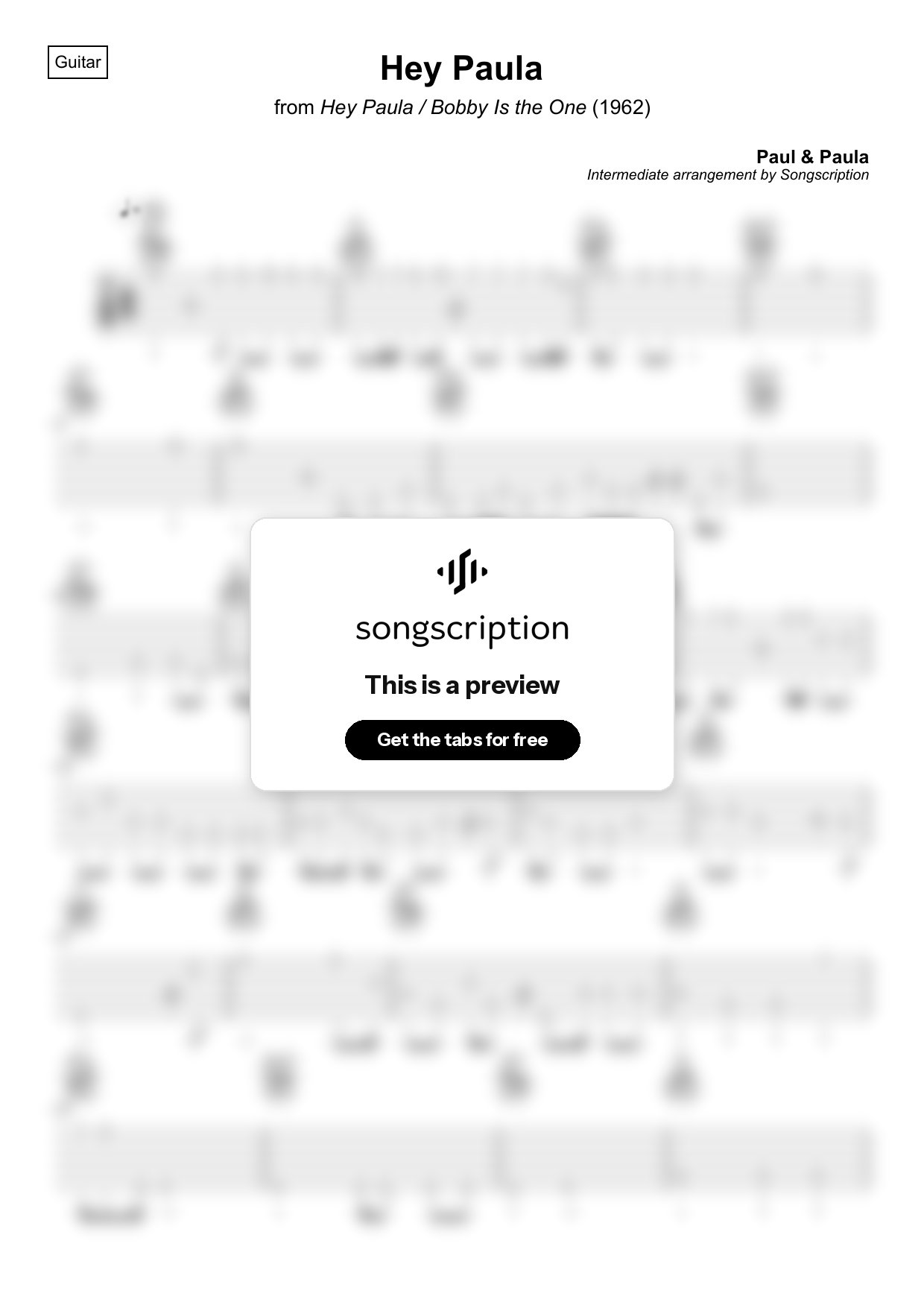 Intermediate Acoustic Guitar Tabs for "Hey Paula" by Paul & Paula