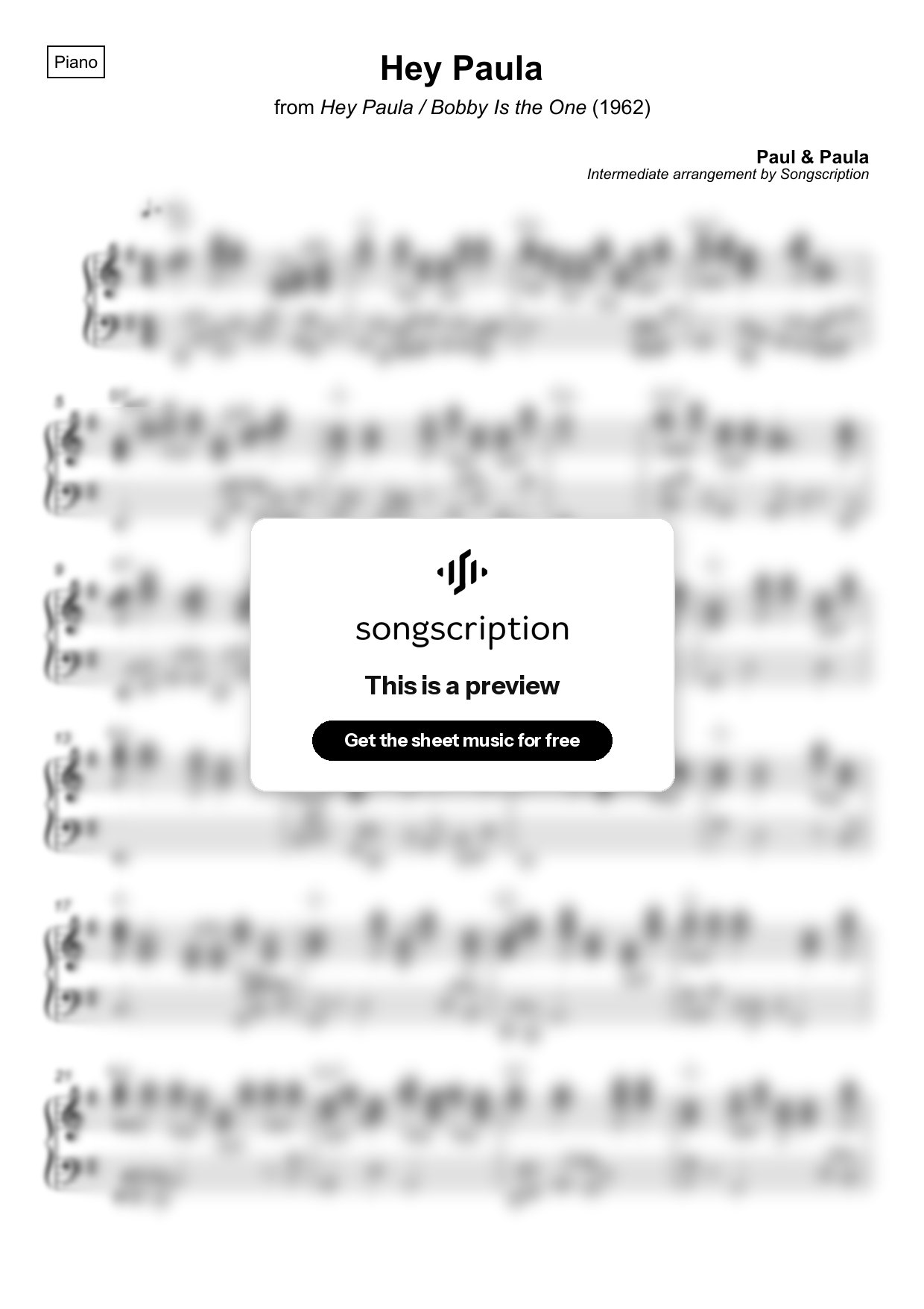 Intermediate Piano Sheet Music for "Hey Paula" by Paul & Paula