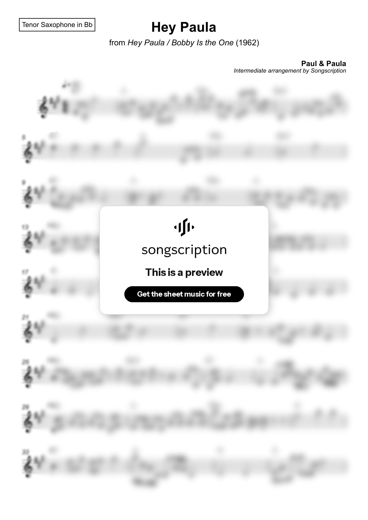 Intermediate Tenor Sax Sheet Music for "Hey Paula" by Paul & Paula