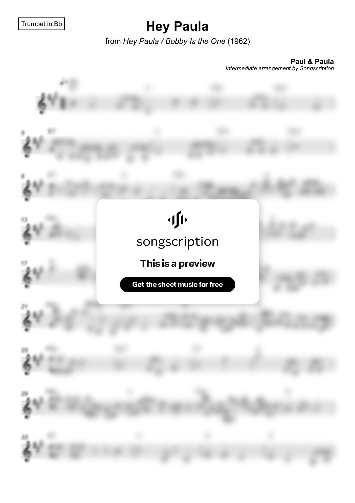 Intermediate Trumpet Sheet Music for "Hey Paula" by Paul & Paula