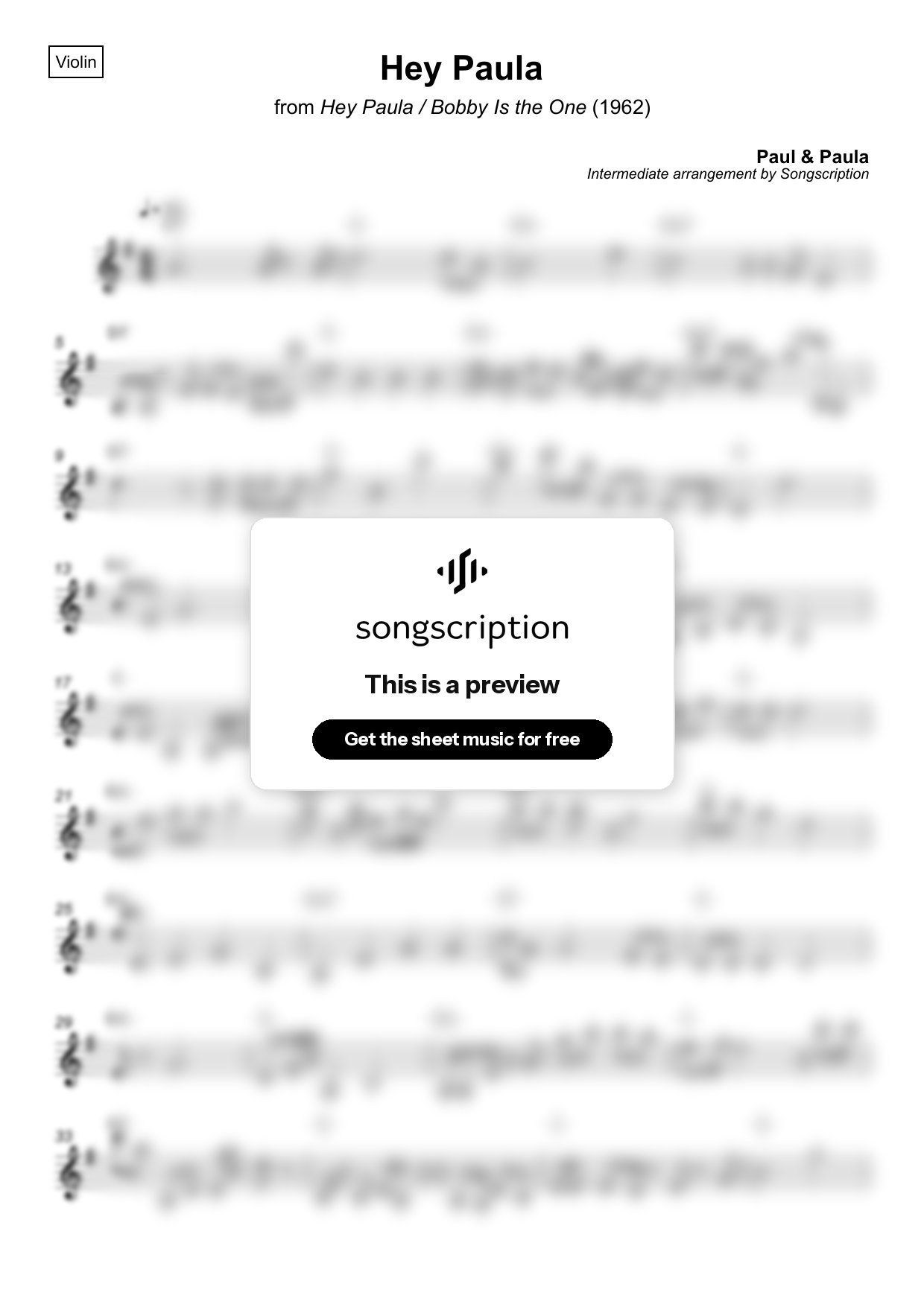 Intermediate Violin Sheet Music for "Hey Paula" by Paul & Paula