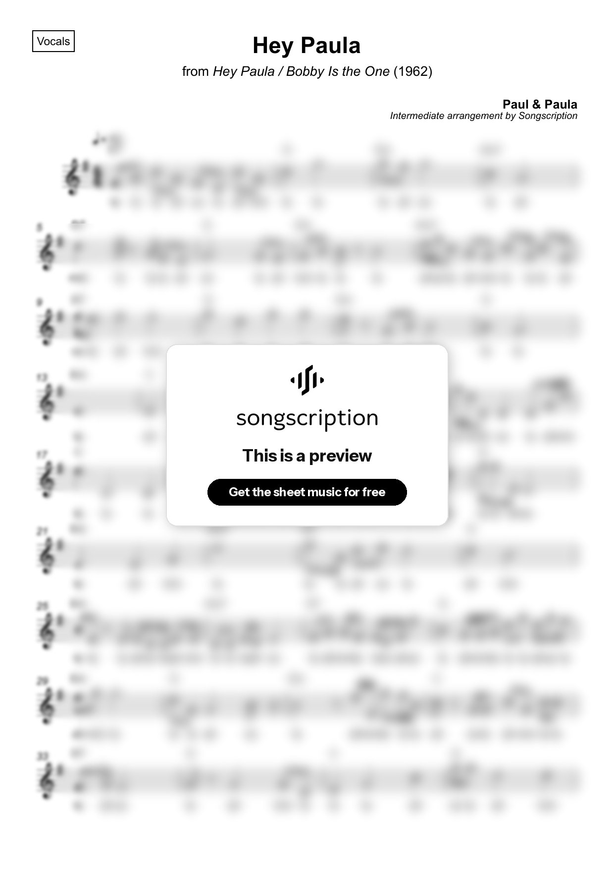 Intermediate Vocals Sheet Music for "Hey Paula" by Paul & Paula