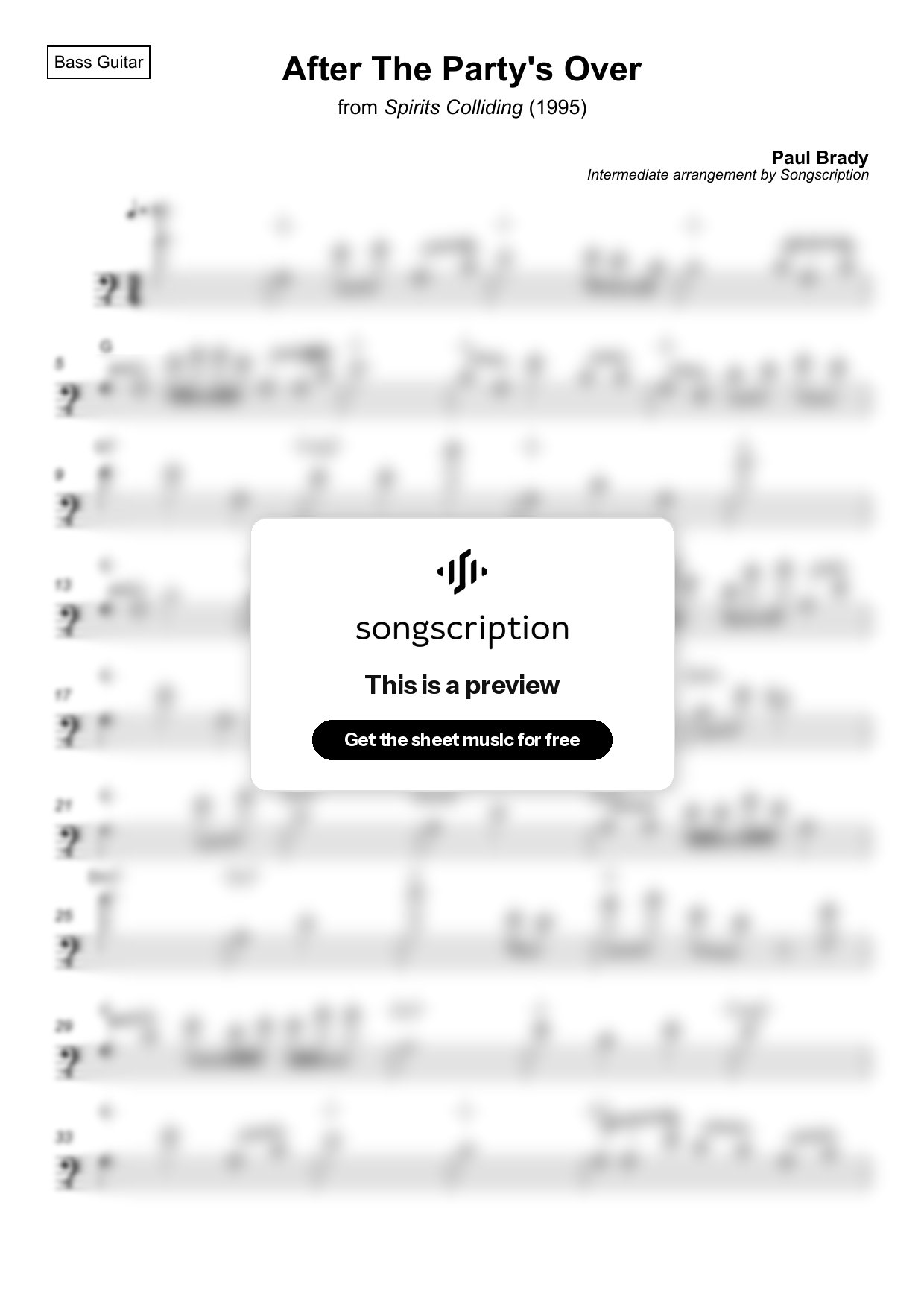 Intermediate Bass Guitar Sheet Music for "After The Party's Over" by Paul Brady