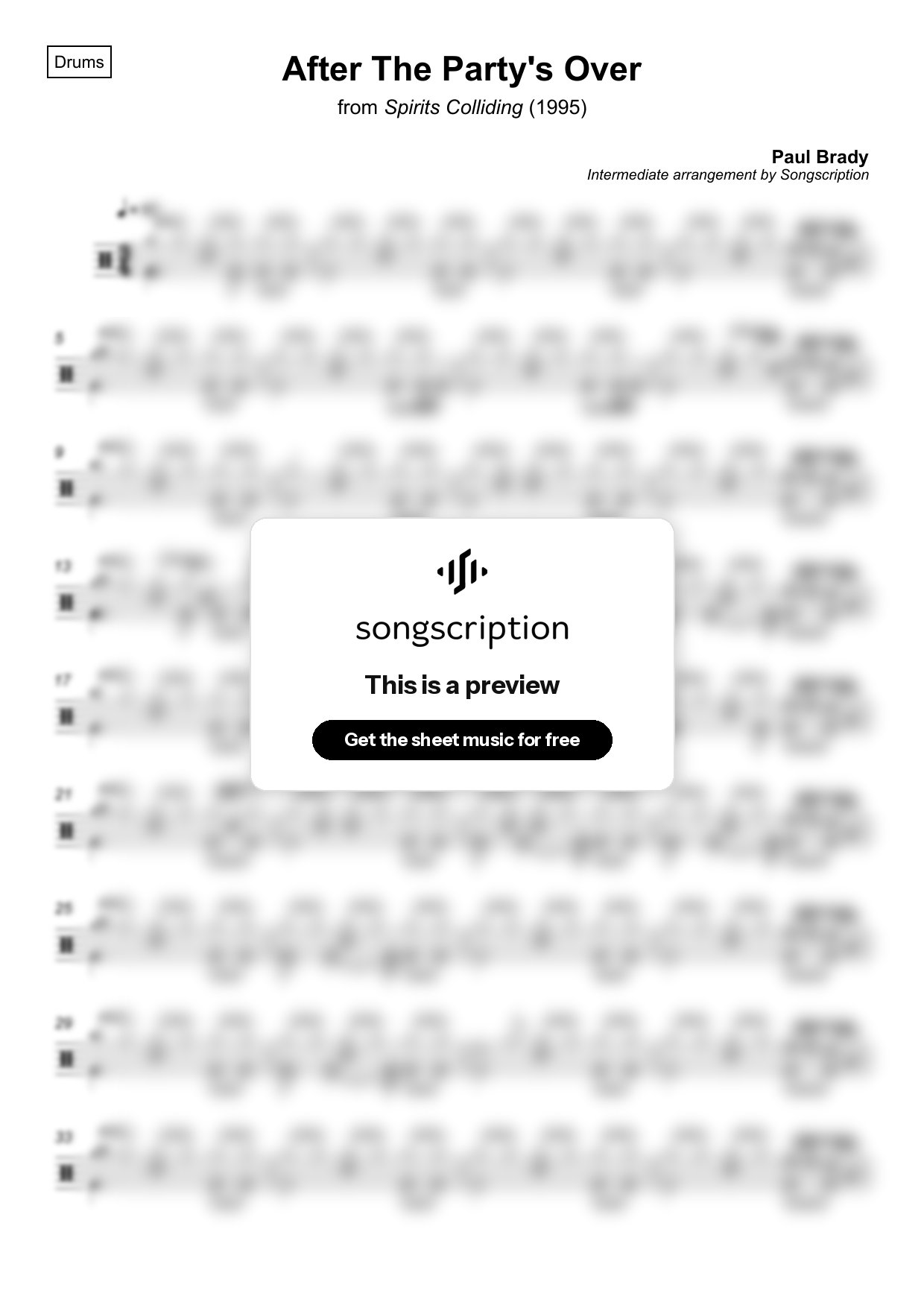 Intermediate Drums Sheet Music for "After The Party's Over" by Paul Brady