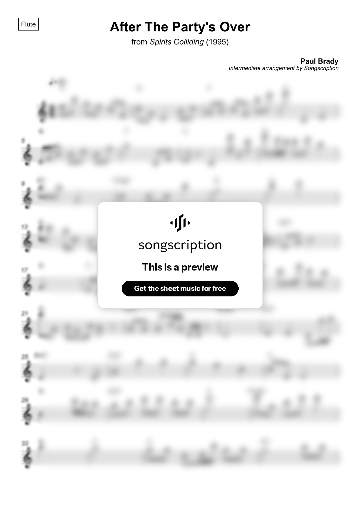 Intermediate Flute Sheet Music for "After The Party's Over" by Paul Brady