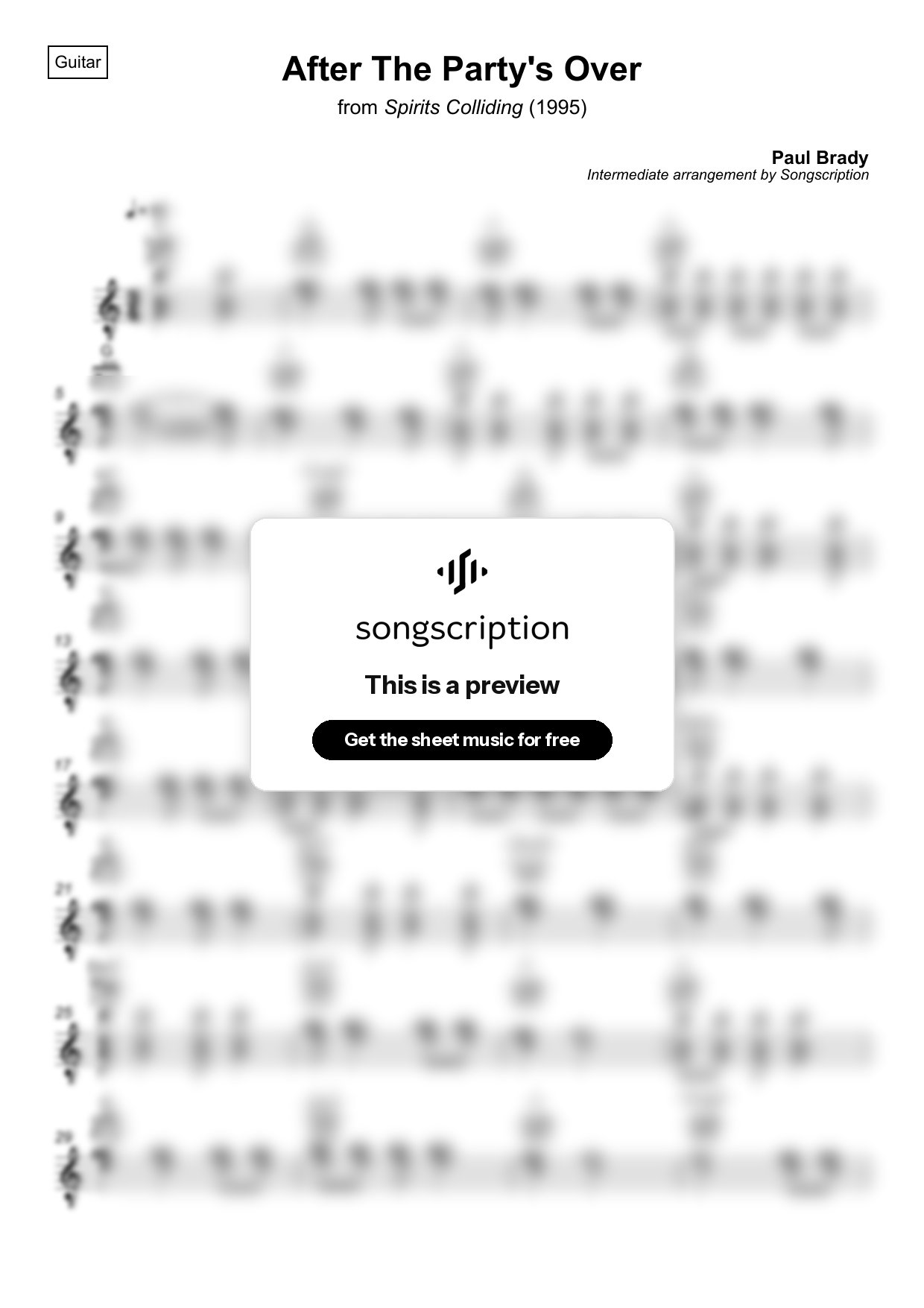Intermediate Acoustic Guitar Sheet Music for "After The Party's Over" by Paul Brady