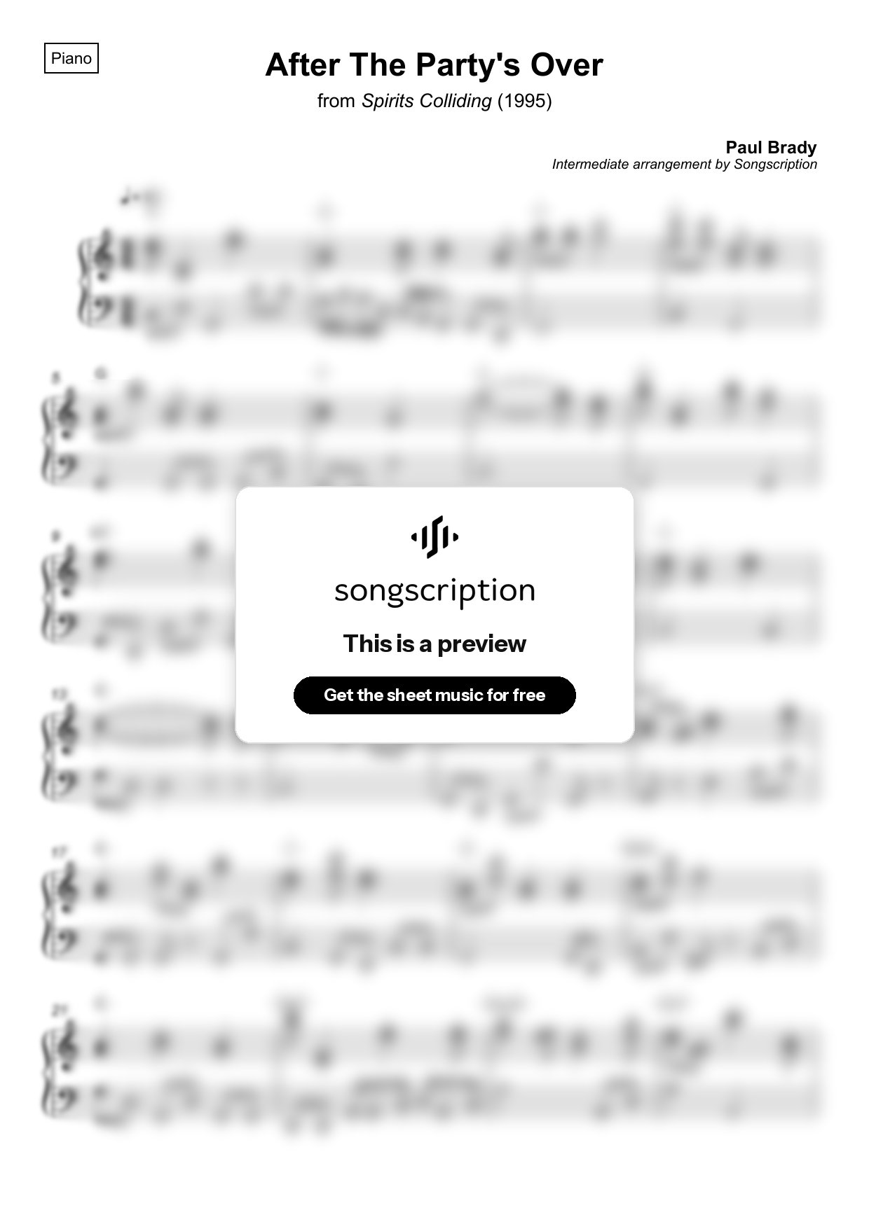 Intermediate Piano Sheet Music for "After The Party's Over" by Paul Brady