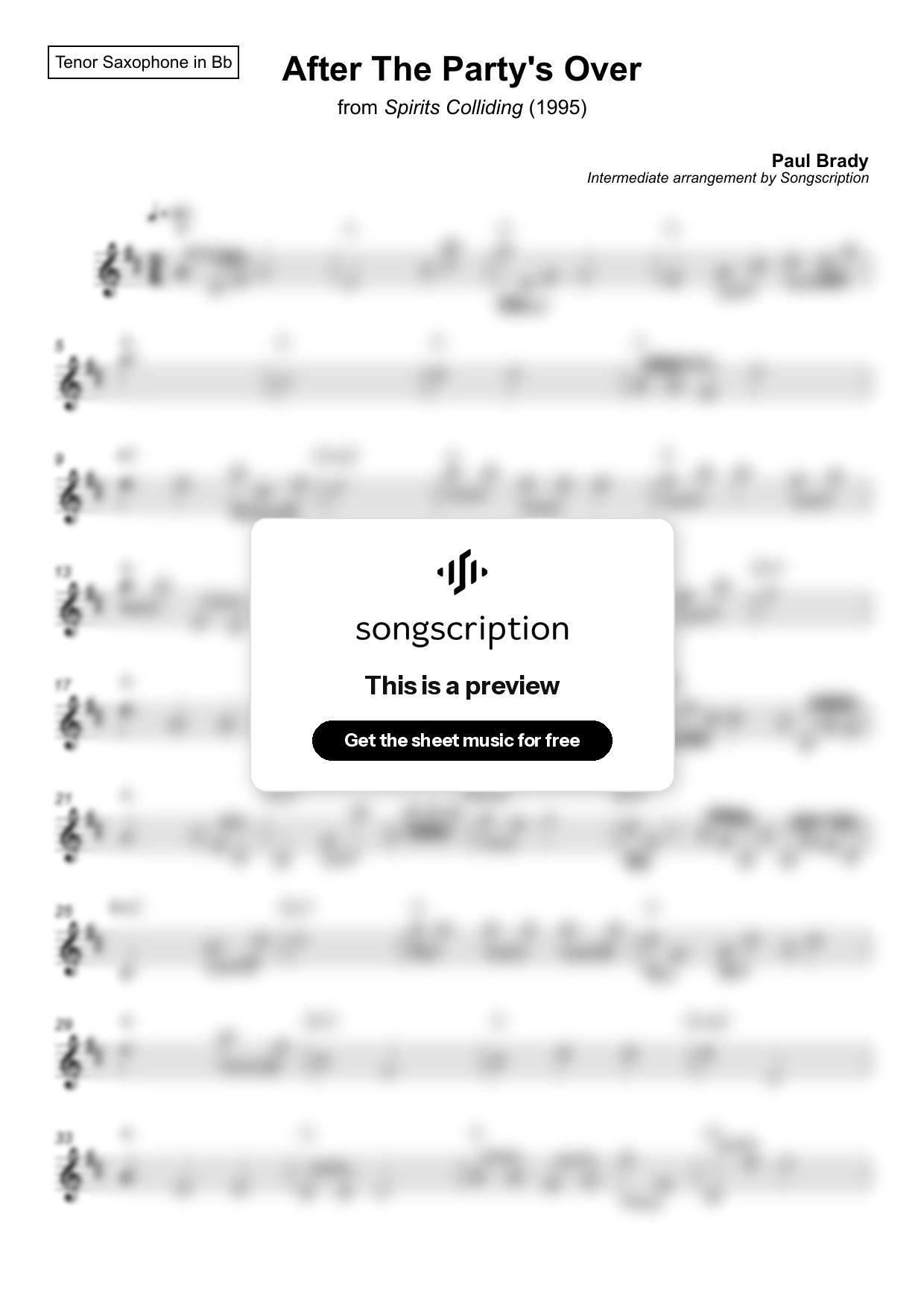Intermediate Tenor Sax Sheet Music for "After The Party's Over" by Paul Brady