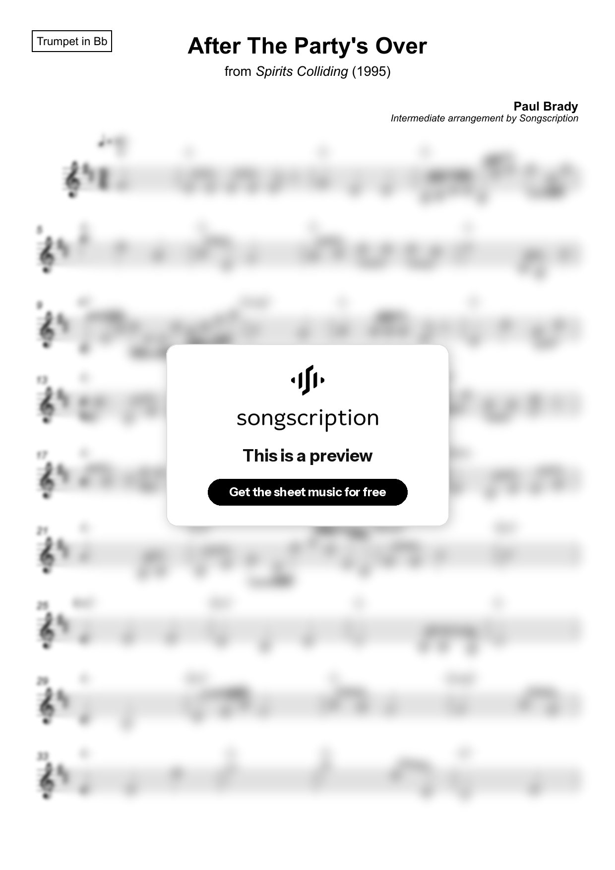 Intermediate Trumpet Sheet Music for "After The Party's Over" by Paul Brady