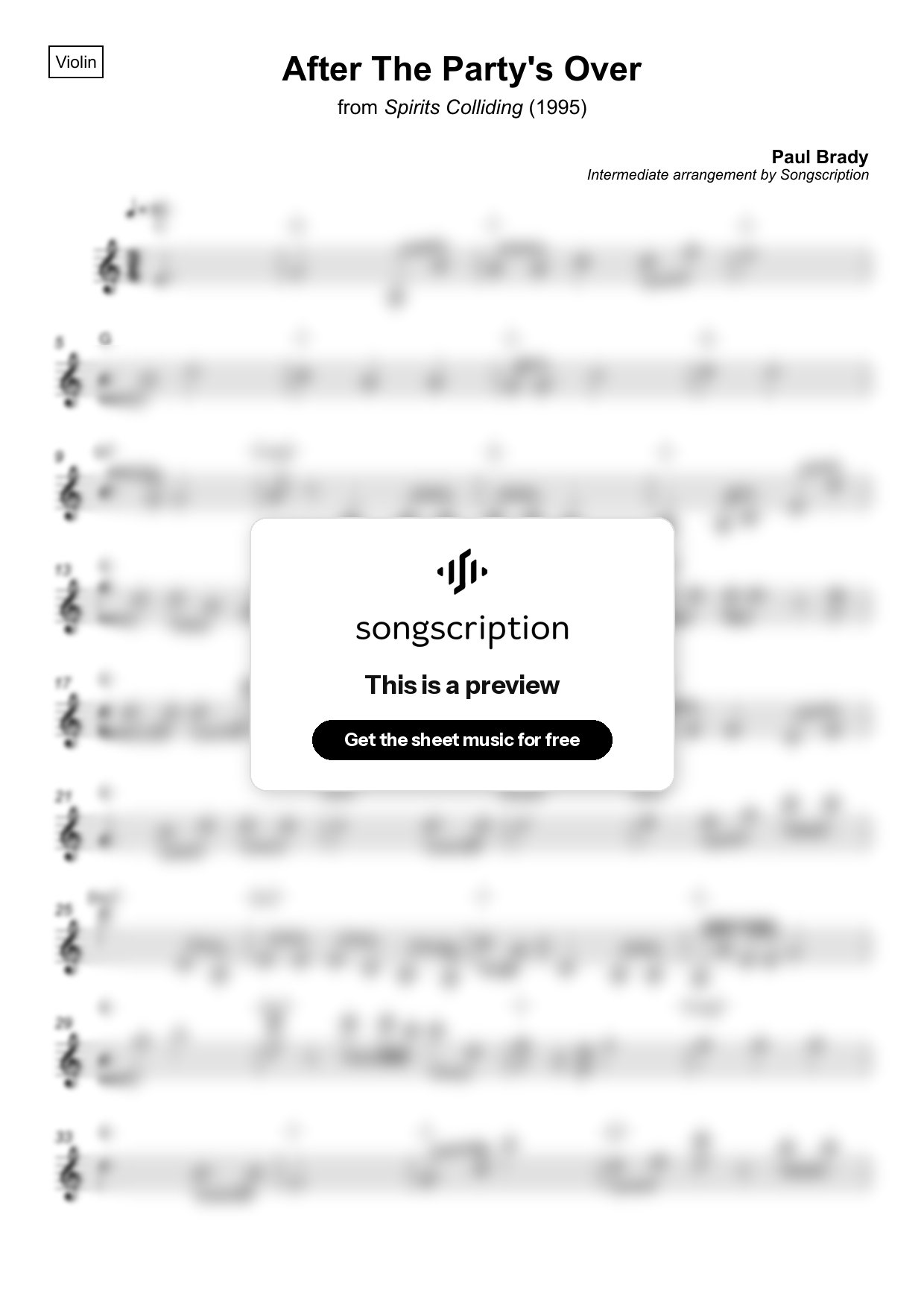 Intermediate Violin Sheet Music for "After The Party's Over" by Paul Brady