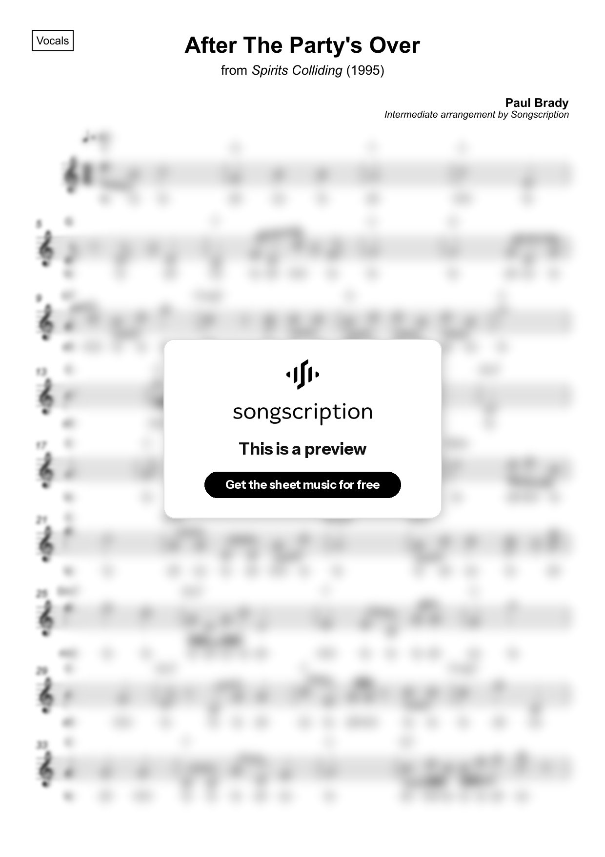 Intermediate Vocals Sheet Music for "After The Party's Over" by Paul Brady