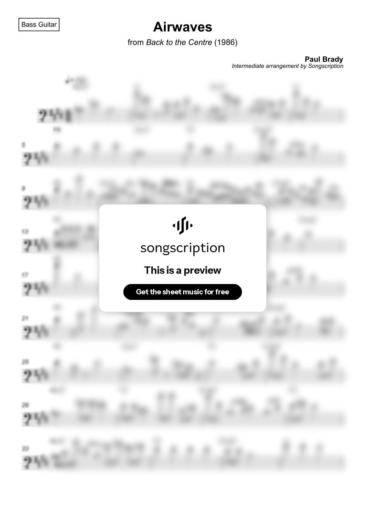 Intermediate Bass Guitar Sheet Music for "Airwaves" by Paul Brady
