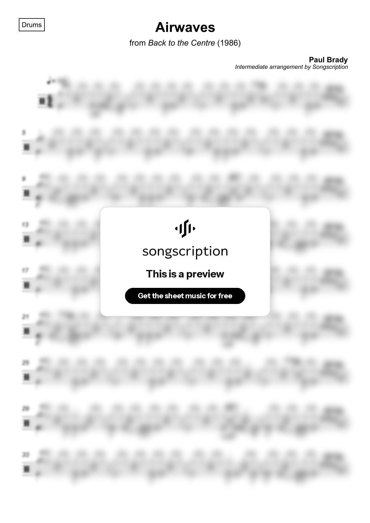 Intermediate Drums Sheet Music for "Airwaves" by Paul Brady