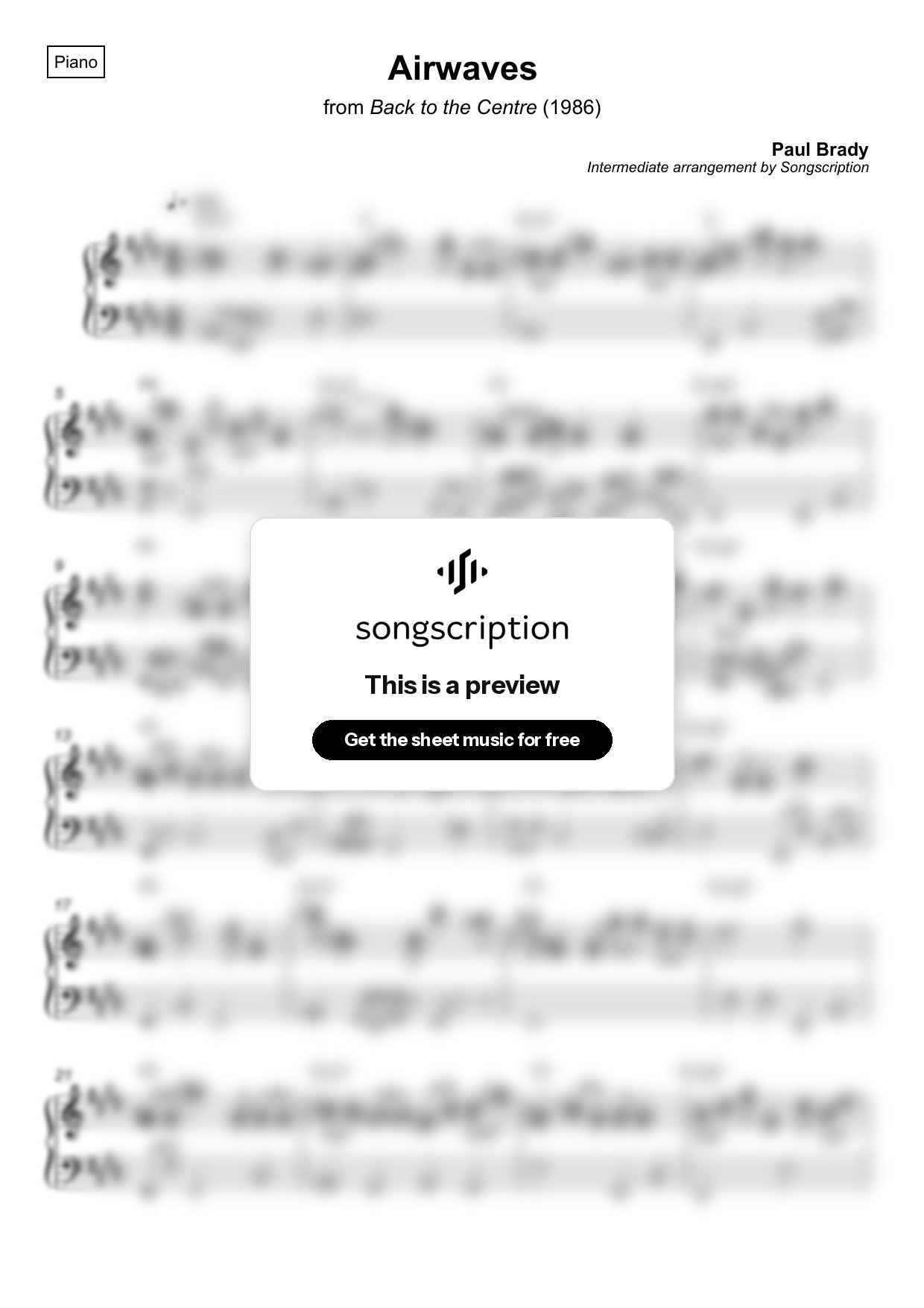 Intermediate Piano Sheet Music for "Airwaves" by Paul Brady