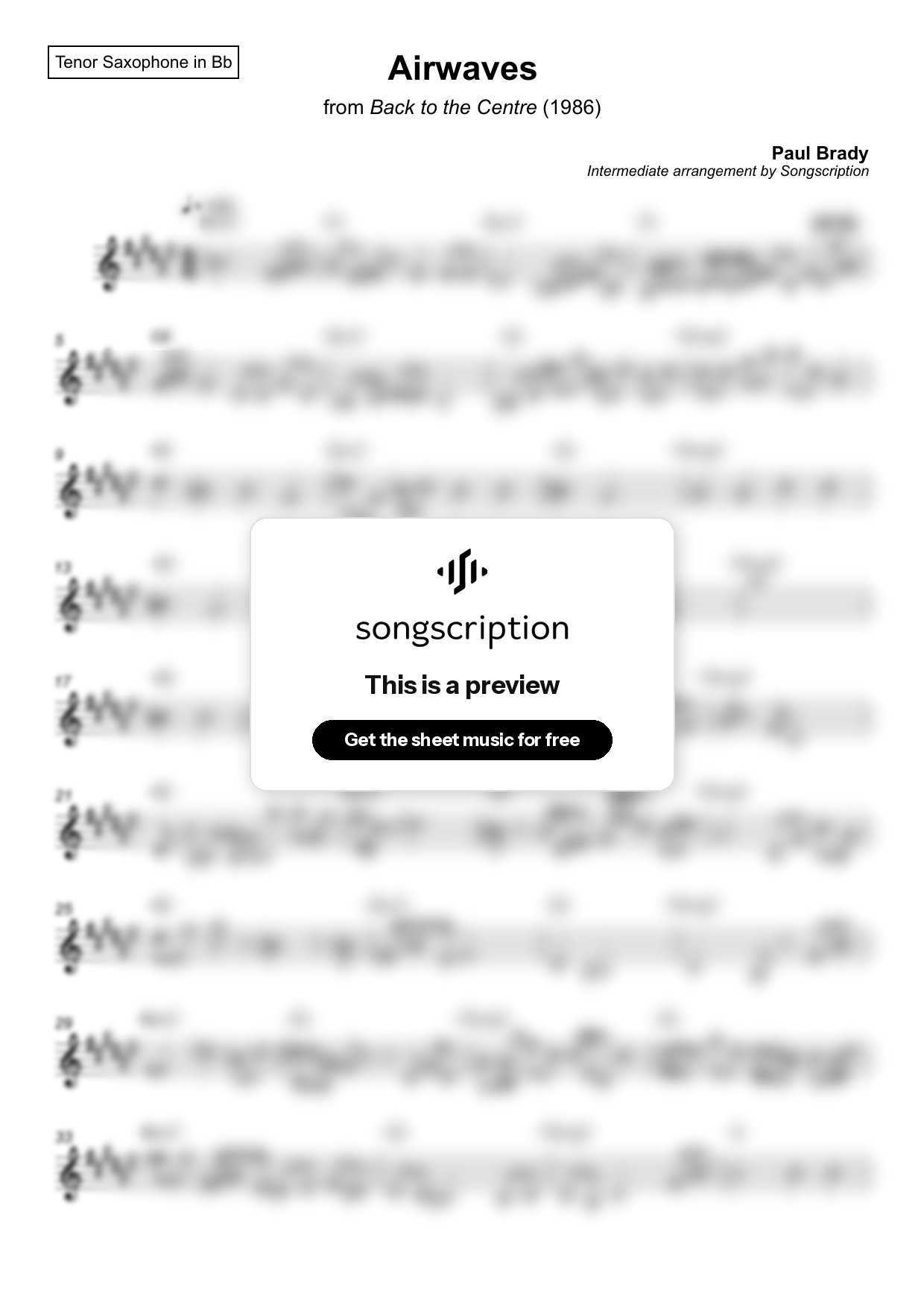 Intermediate Tenor Sax Sheet Music for "Airwaves" by Paul Brady