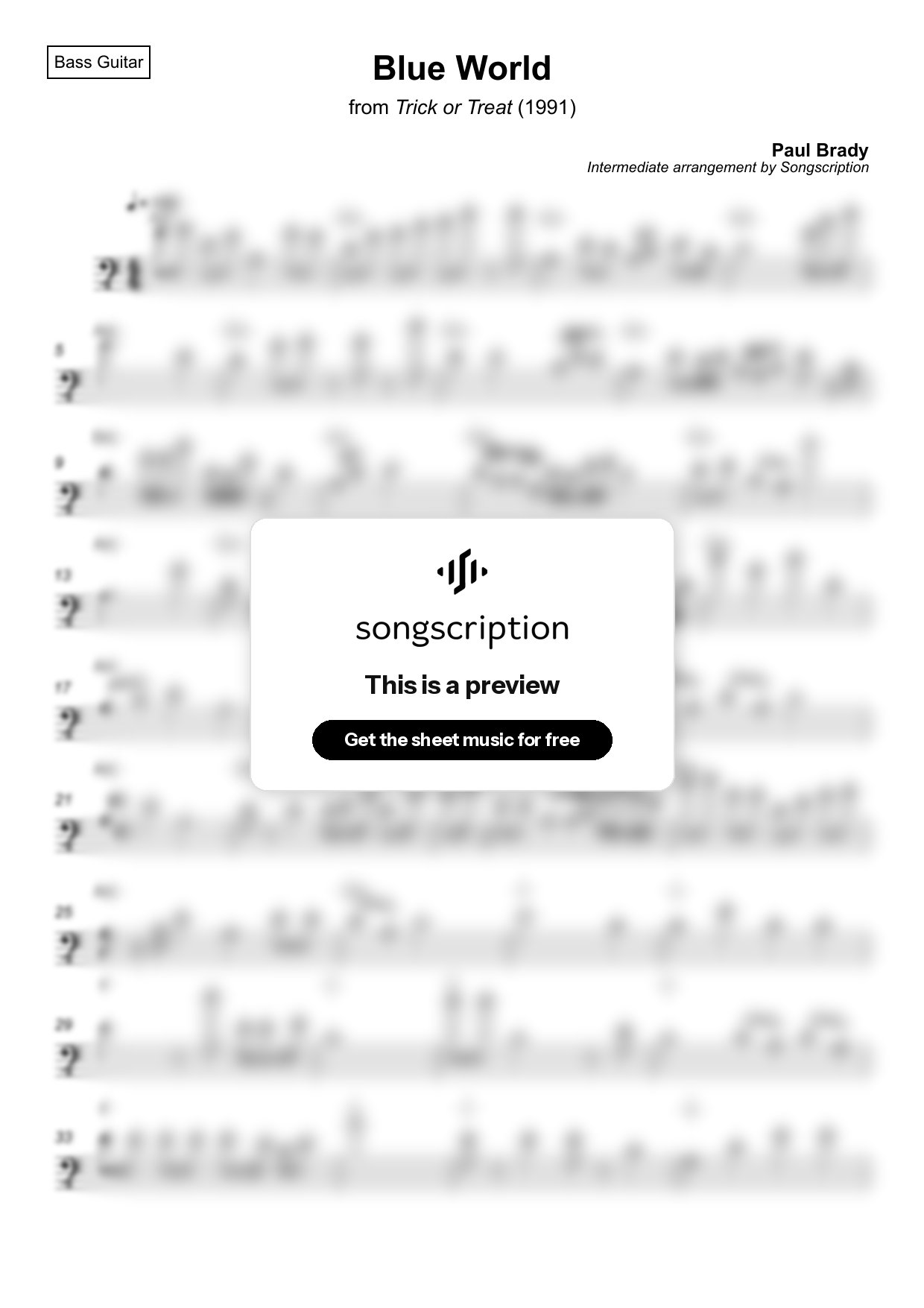 Intermediate Bass Guitar Sheet Music for "Blue World" by Paul Brady