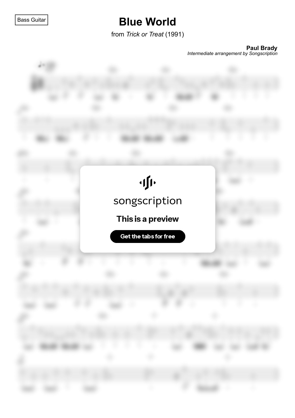 Intermediate Bass Guitar Tabs for "Blue World" by Paul Brady
