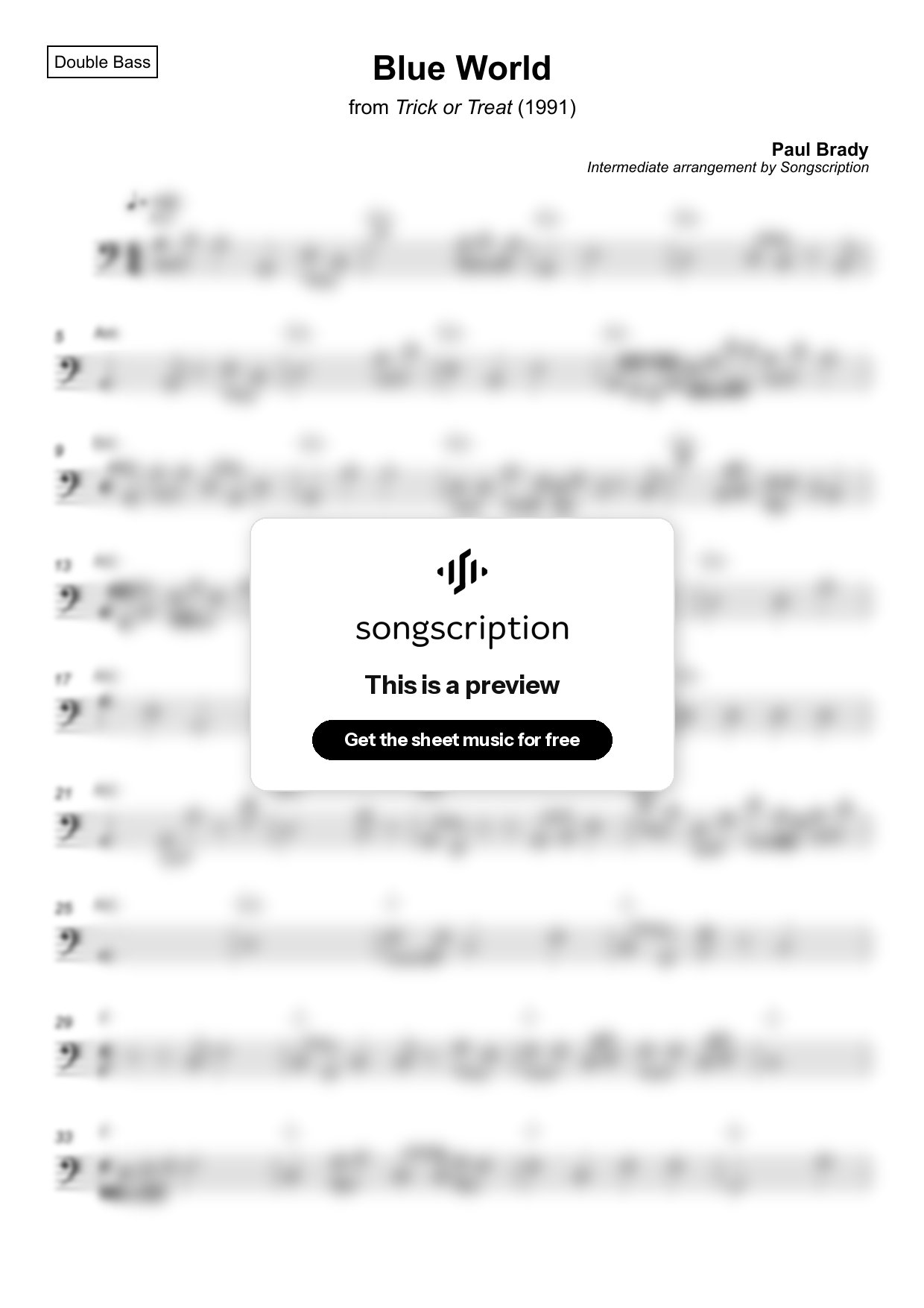 Intermediate Double Bass Sheet Music for "Blue World" by Paul Brady