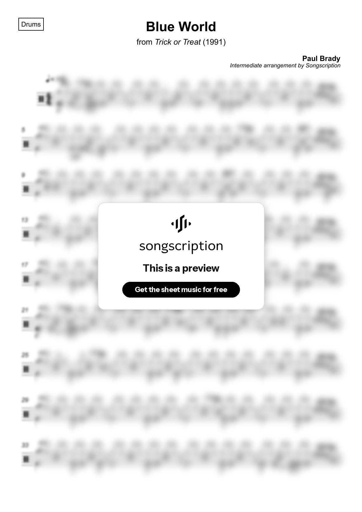 Intermediate Drums Sheet Music for "Blue World" by Paul Brady