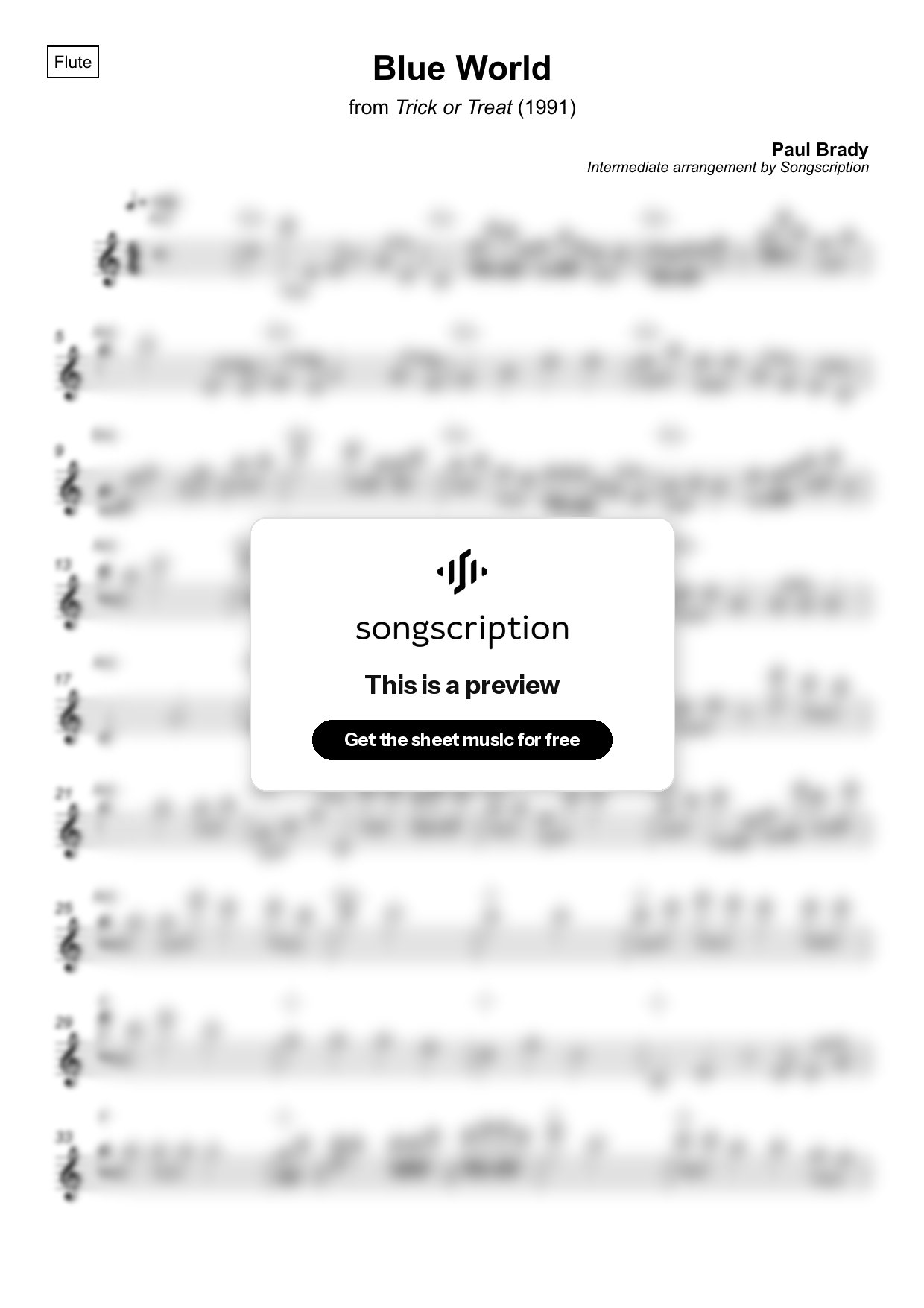 Intermediate Flute Sheet Music for "Blue World" by Paul Brady