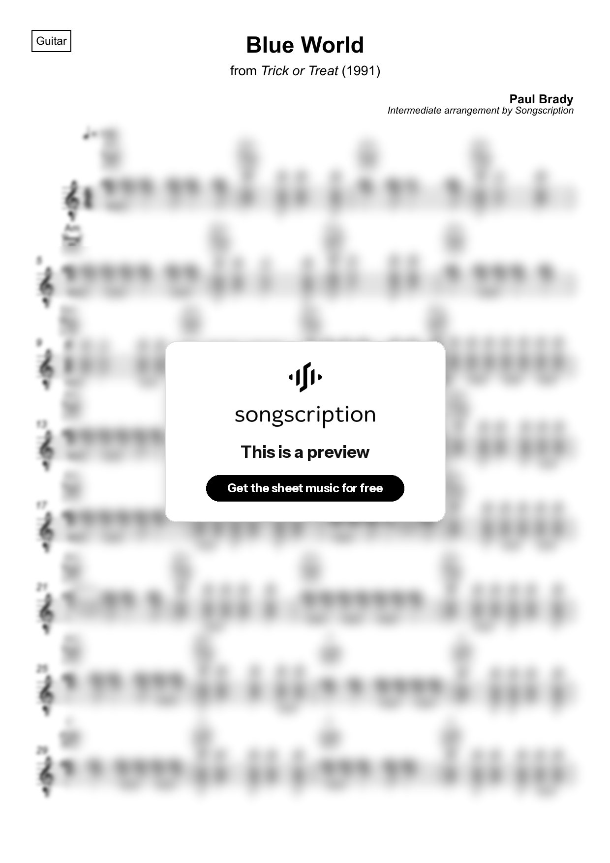 Intermediate Acoustic Guitar Sheet Music for "Blue World" by Paul Brady