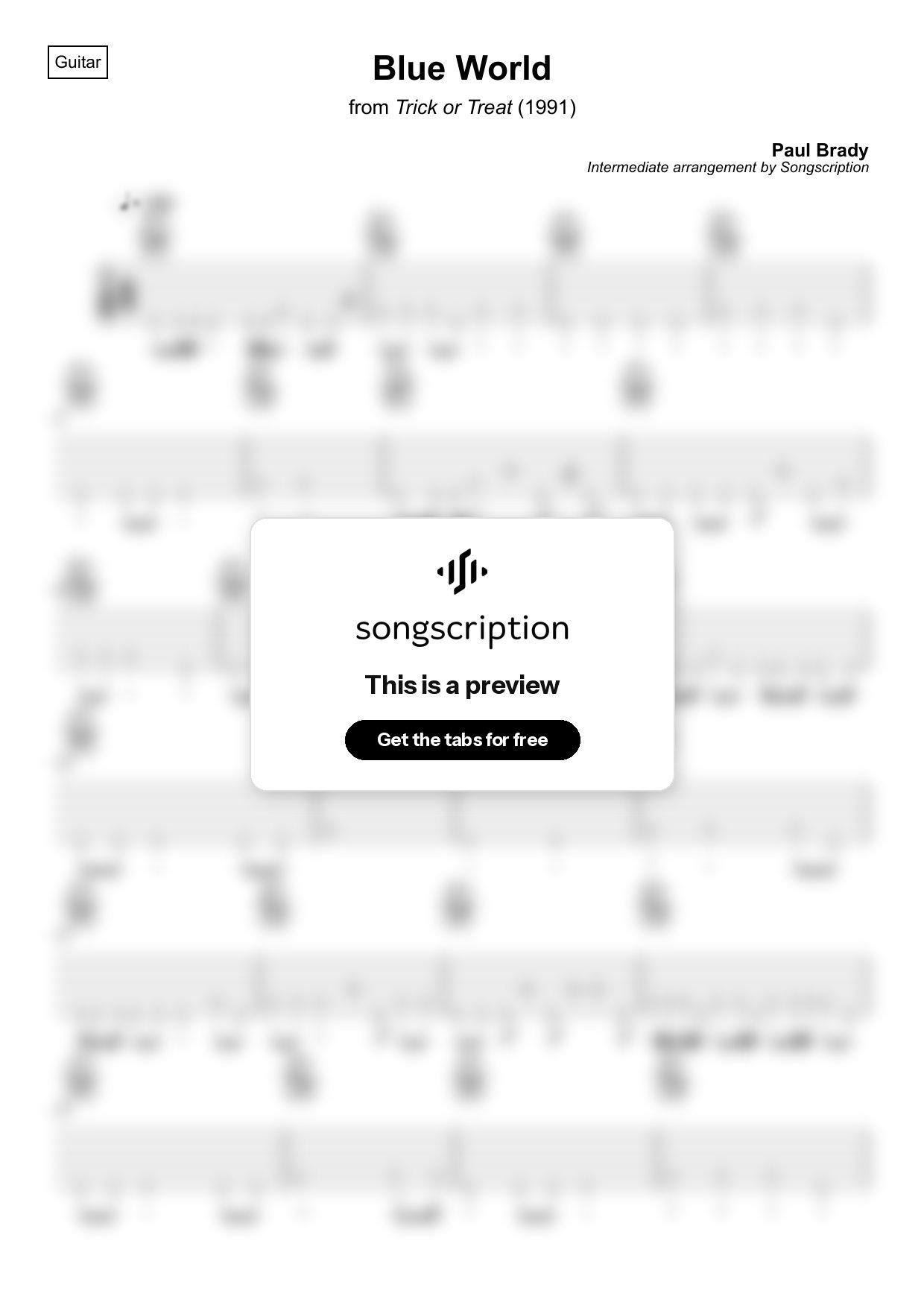 Intermediate Acoustic Guitar Tabs for "Blue World" by Paul Brady